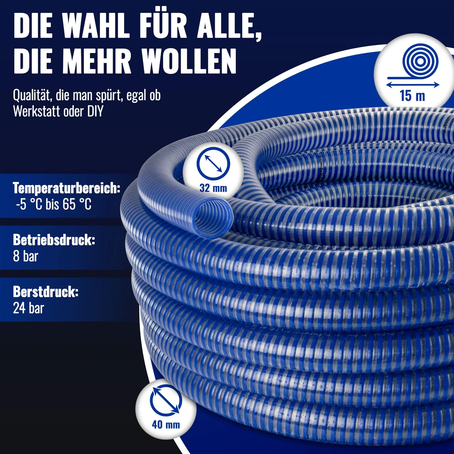 Poppstar Saugschlauch 1 1/4 Zoll 15m 32mm Spiralschlauch blau