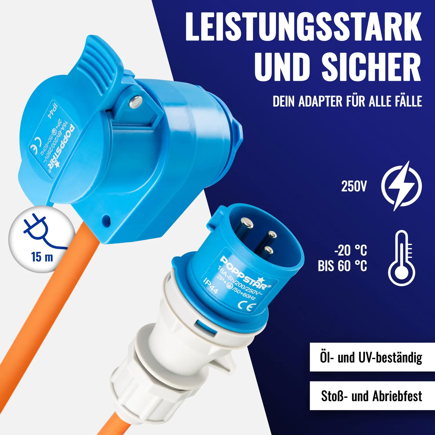 Poppstar Camping CEE Kabel 15m mit Schuko IP44