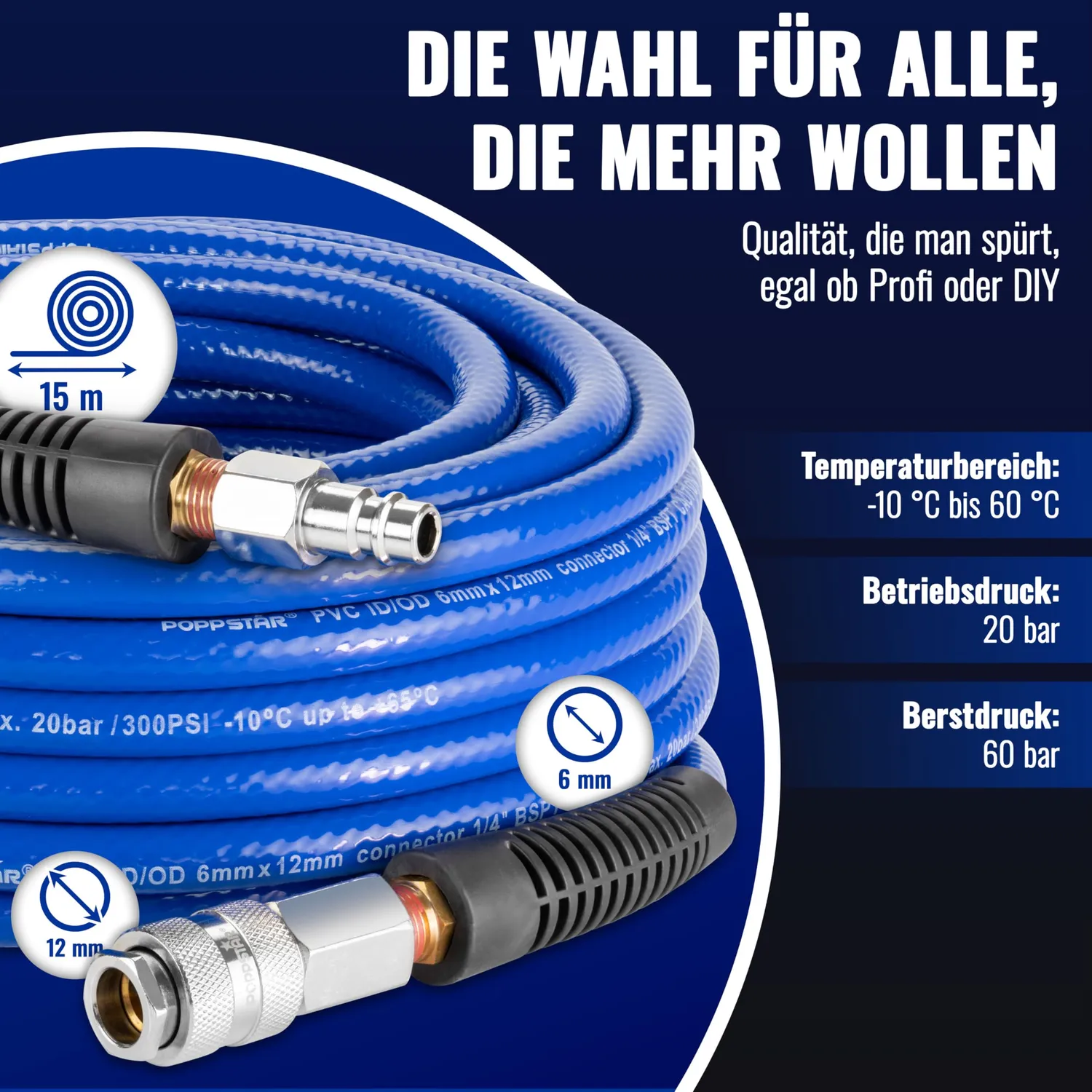 Poppstar PVC Druckluftschlauch 15m 6/12mm 20 bar