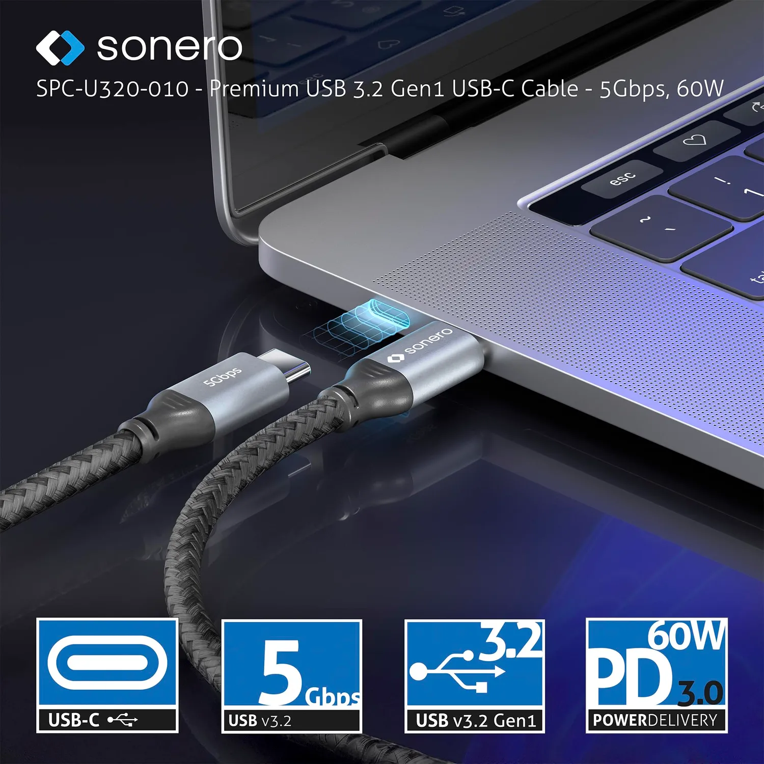 Sonero SPC-U320-005 USB-C Kabel 0,5m 60W schwarz