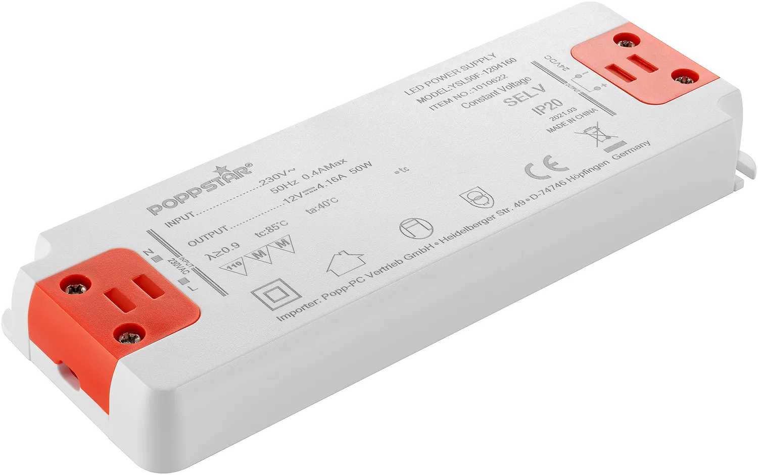 Poppstar Slim LED Trafo 12V 20W 1,66A flach Netzteil