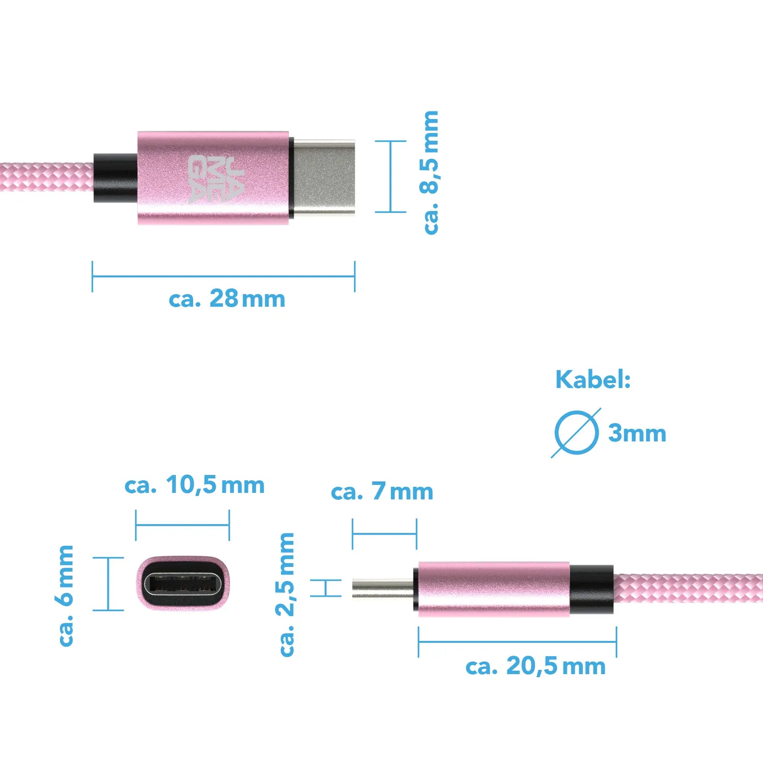 JAMEGA USB-C Kabel RoseGold 3m 2 Stück Nylon 3A
