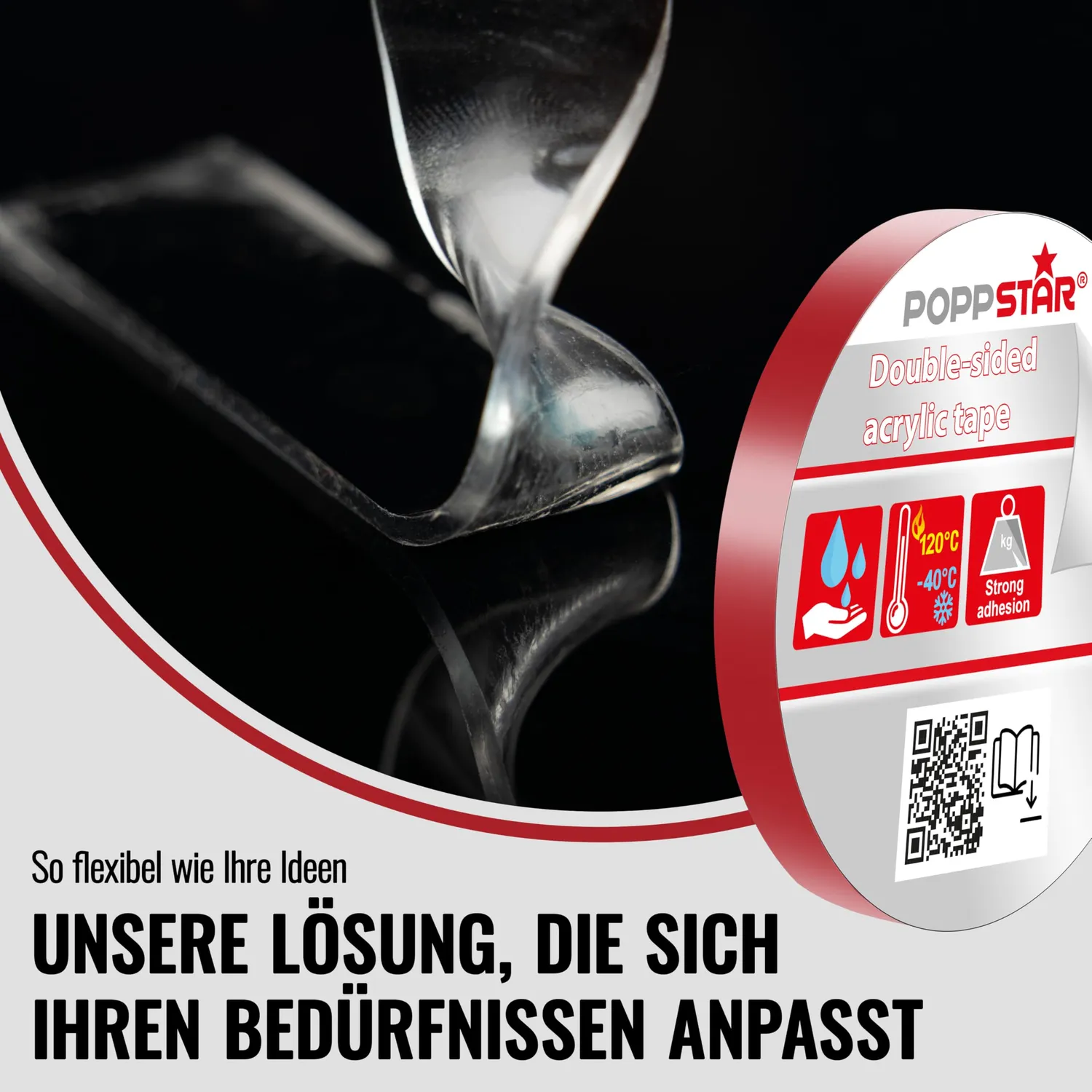 Poppstar Acryl Klebeband doppelseitig 10m transparent