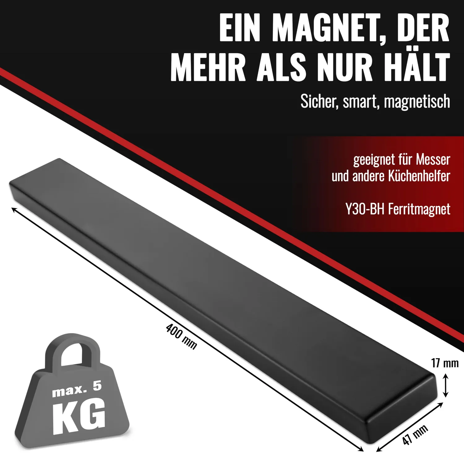 Poppstar Messer Magnetleiste Edelstahl 40 cm Schwarz