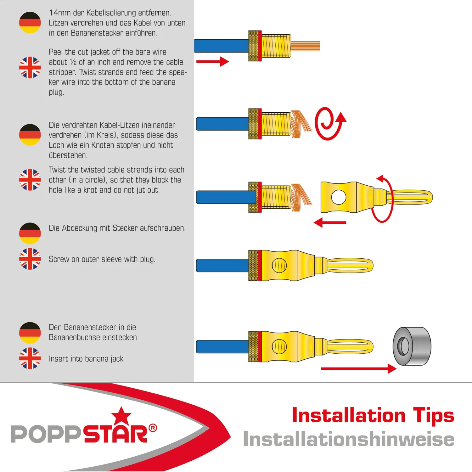 Poppstar Bananenstecker High End 24k 2er rot schwarz 6mm²