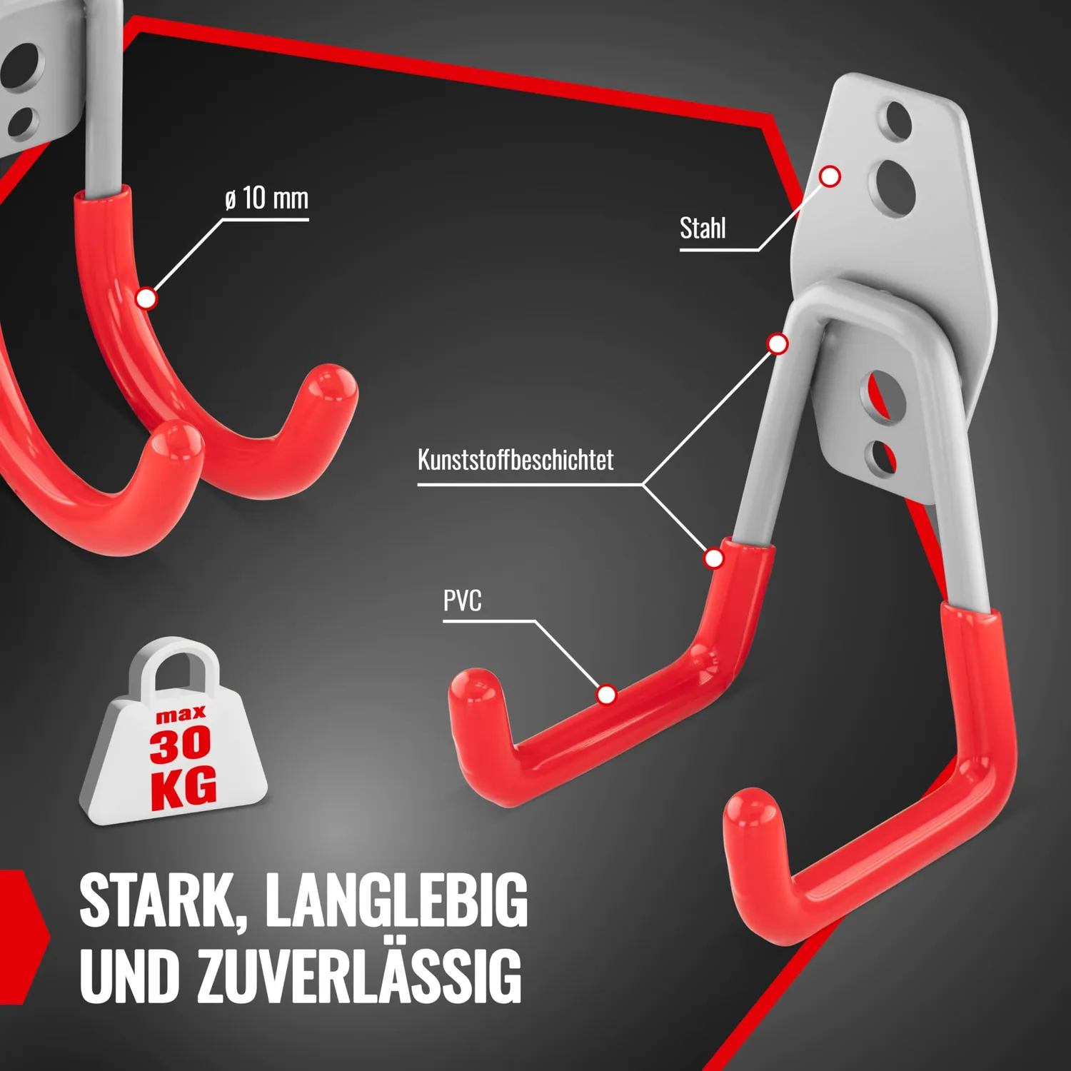 Poppstar Doppelhaken Wandhaken 12 Stück rot 30 kg