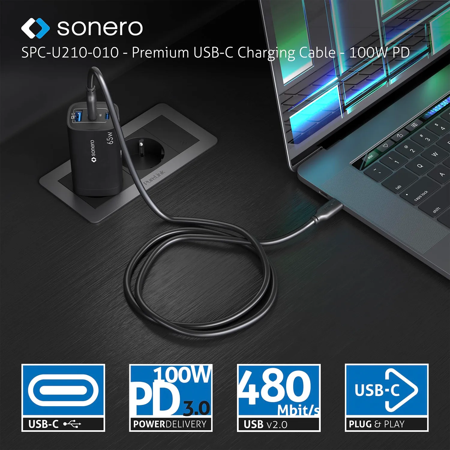 Sonero SPC-U210-030 USB-C Ladekabel 3,0m schwarz 100W PD