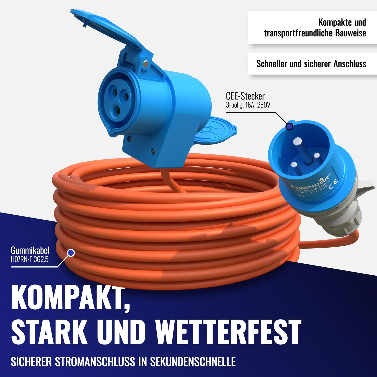 Poppstar Camping CEE Kabel 15m mit Schuko IP44