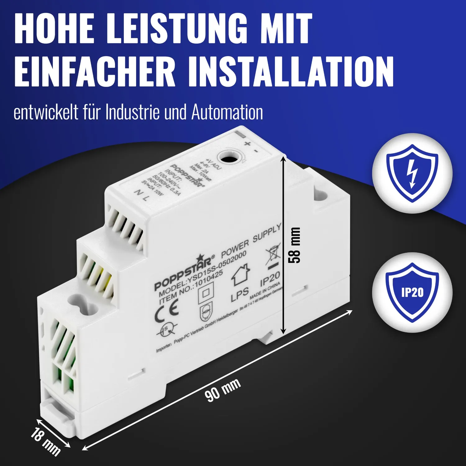 Poppstar P-15-5 Hutschienen-Netzteil 5V 2A 10W