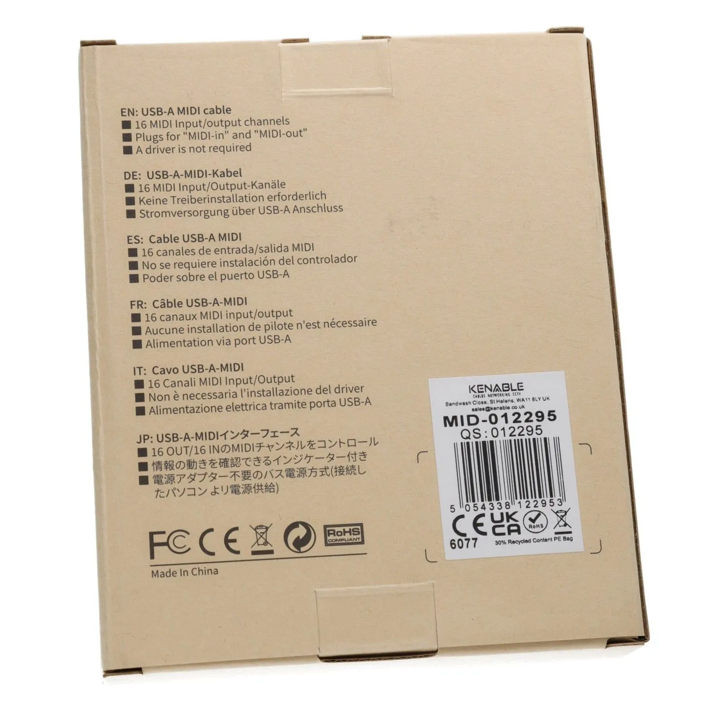 Kenable USB MIDI Interface Kabel 1,5m 16 Kanäle