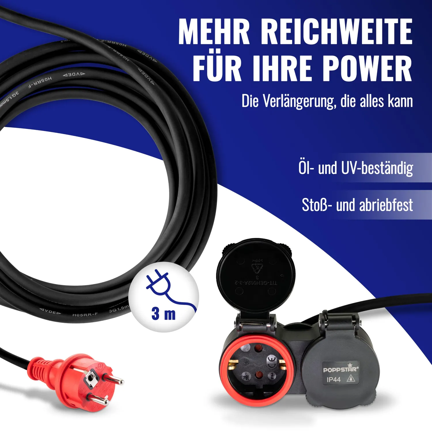 Poppstar Verlängerungskabel Outdoor 3m IP44 Doppelsteckdose