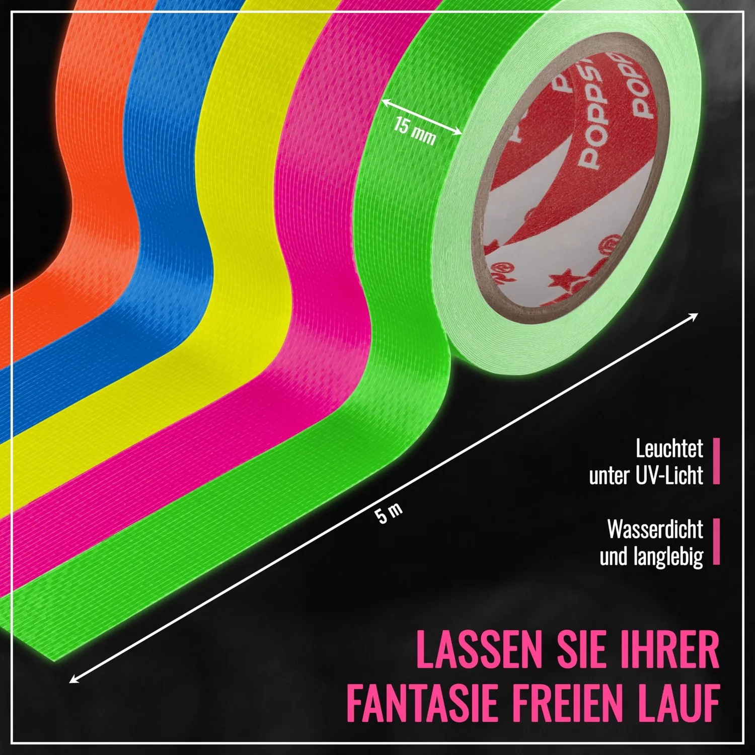 Poppstar Neon Klebeband 15mmx5m 5 Farben fluoreszierend