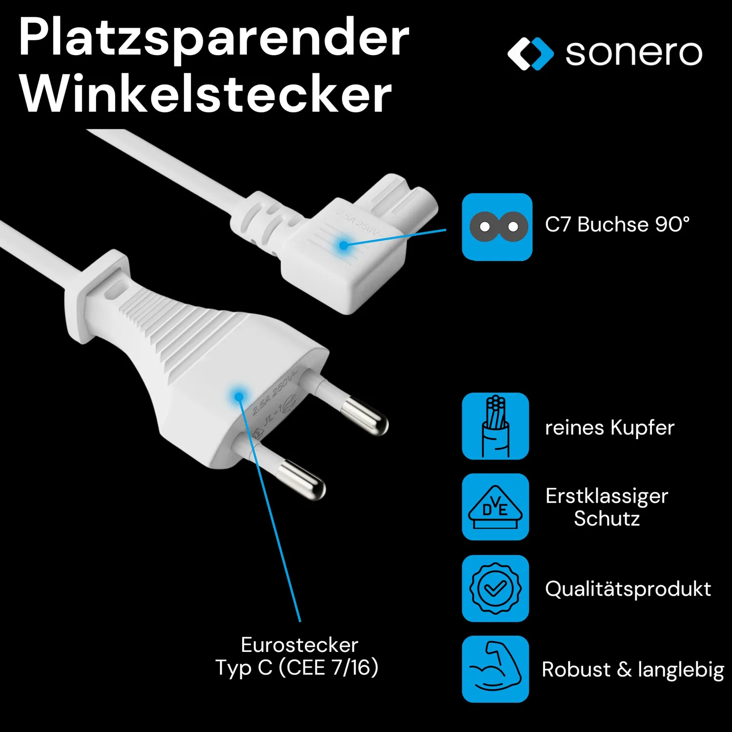 Sonero Stromkabel Eurostecker auf C7 1,5m weiß 90° Winkel