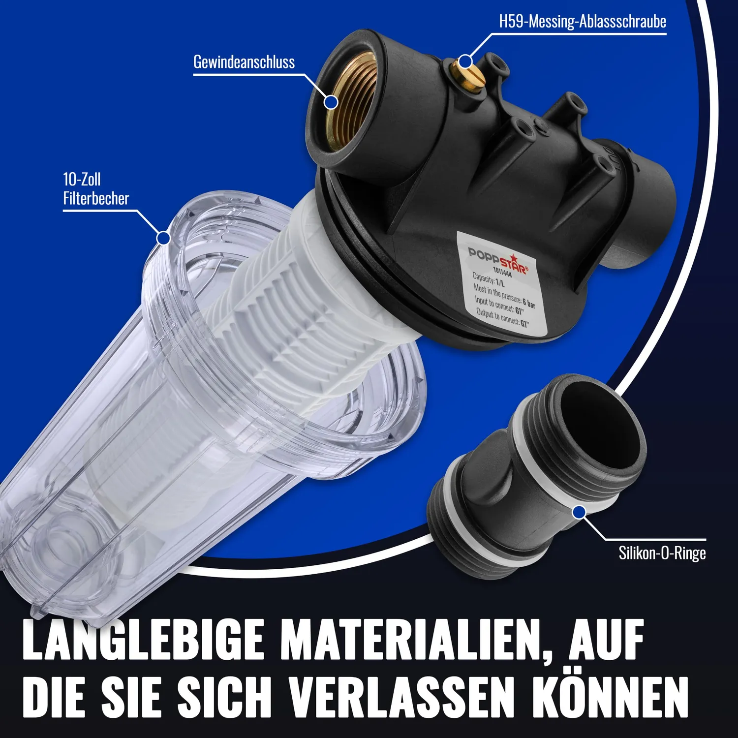 Poppstar Vorfilter Gartenpumpe 2 L 10 Zoll 1 Zoll 80 Mesh