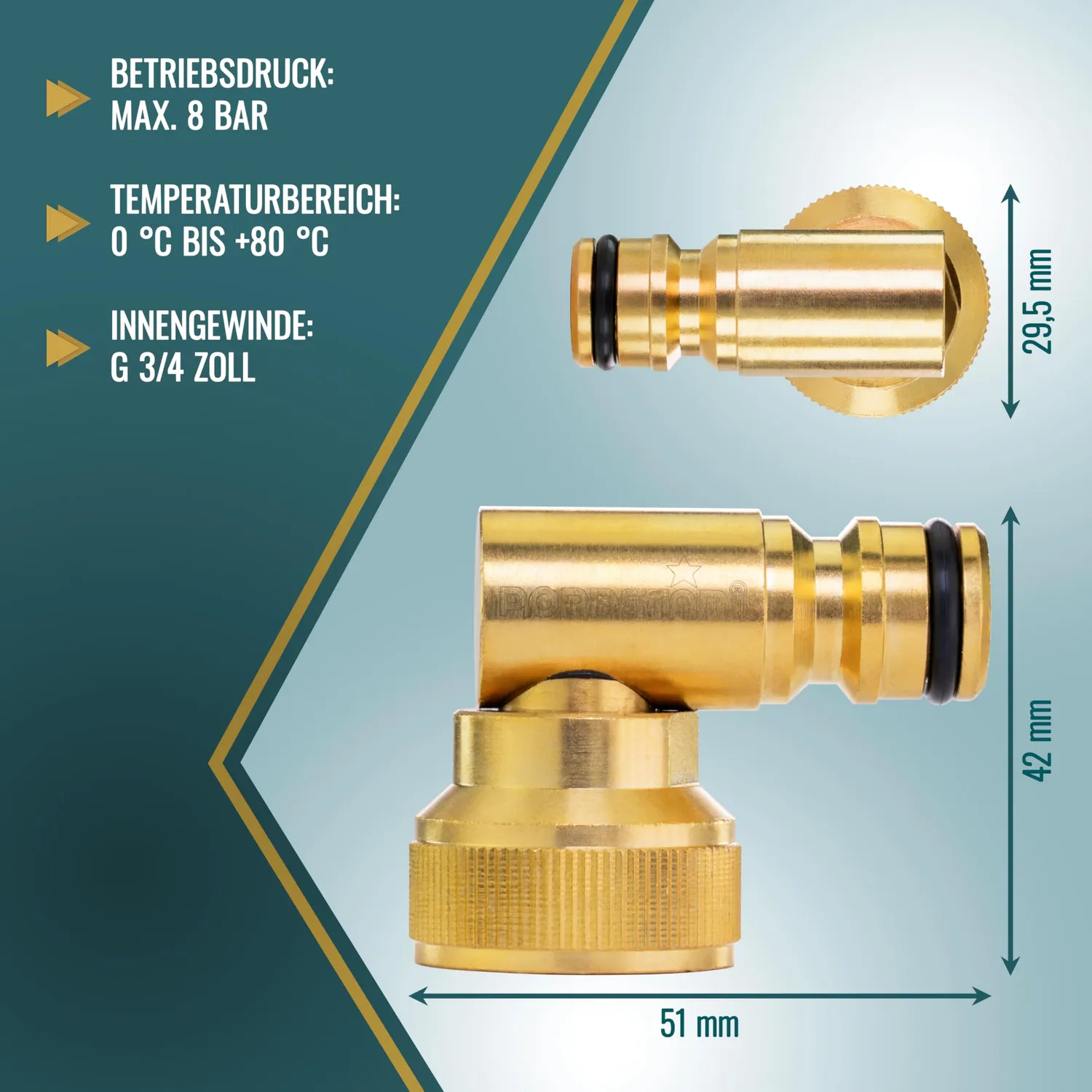 Poppstar Winkelstück 3/4 Zoll Schlauchverbinder 90 Grad Messing drehbar