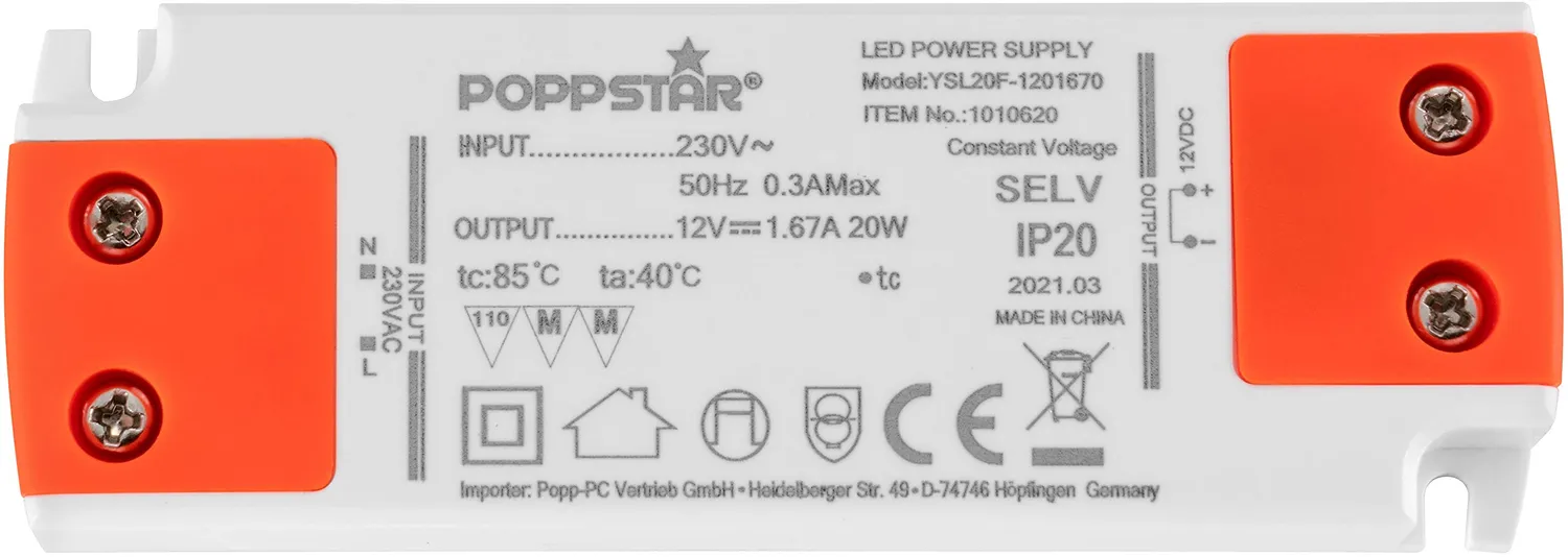 Poppstar Slim LED Trafo 12V 20W 1,66A flach Netzteil