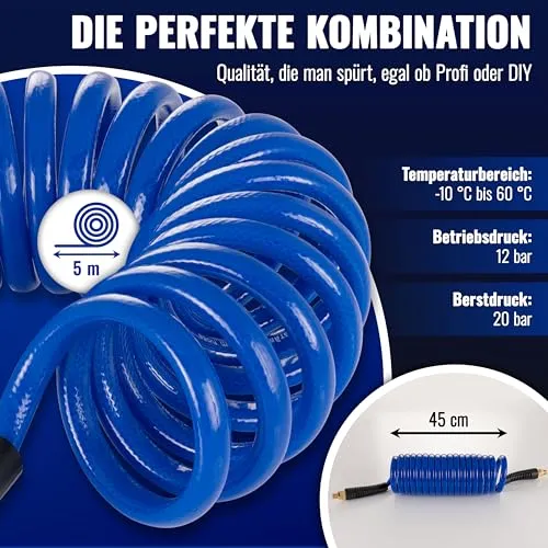 Poppstar Druckluft-Spiralschlauch 5 m G1/4 blau