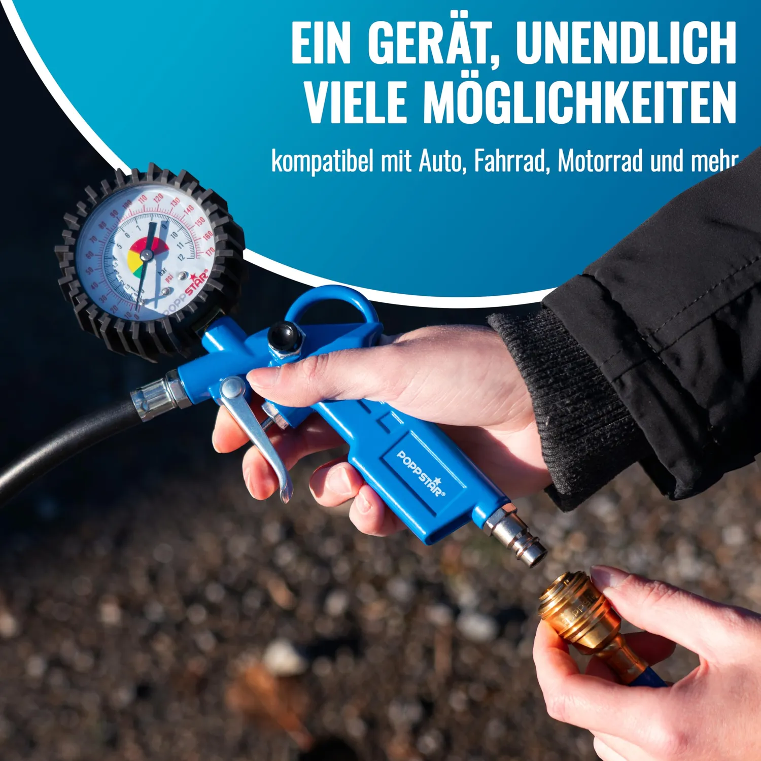 Poppstar Reifenfüller Manometer 0-12 bar 40 cm