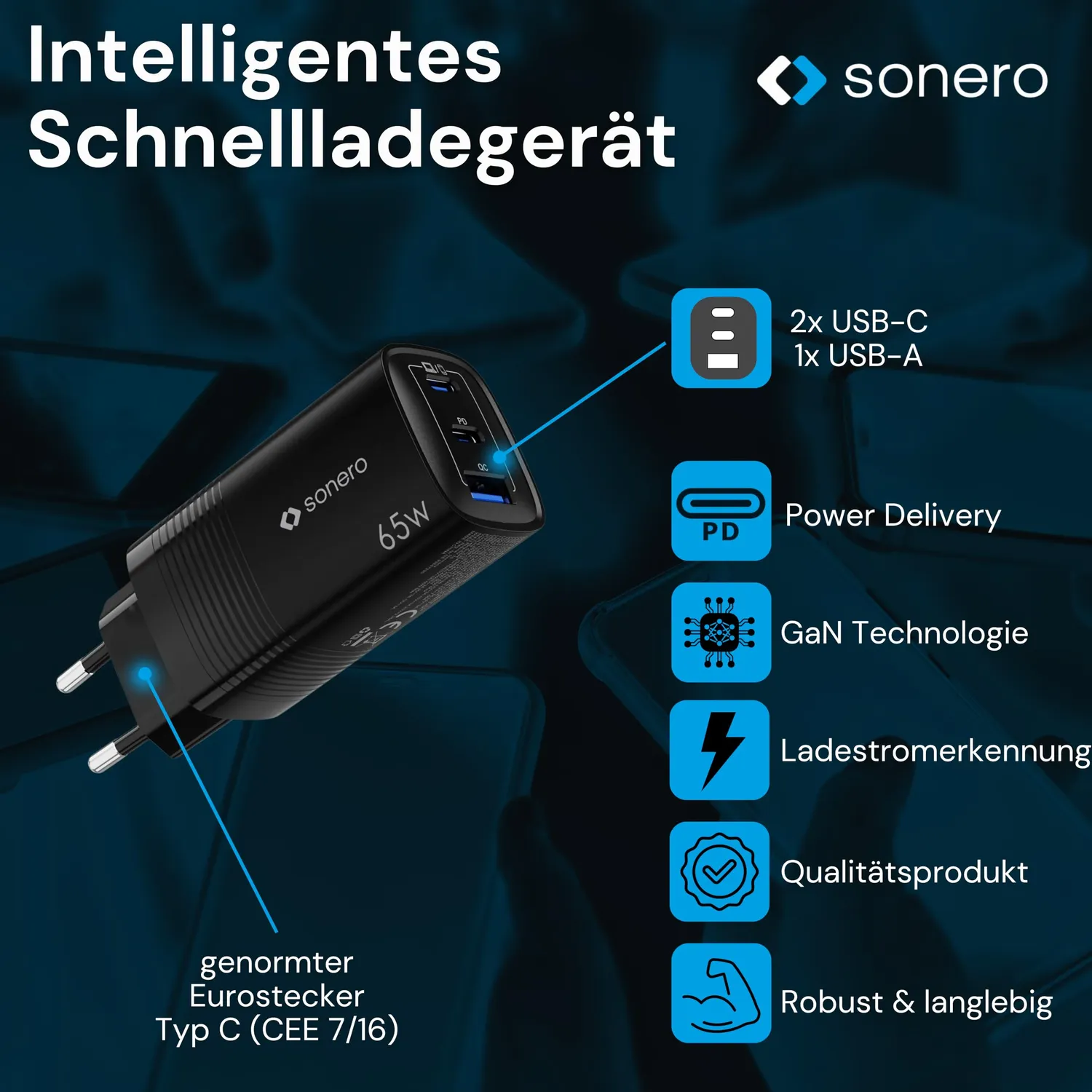 Sonero 65W GaN Ladegerät 3 Port USB-C PD QC schwarz