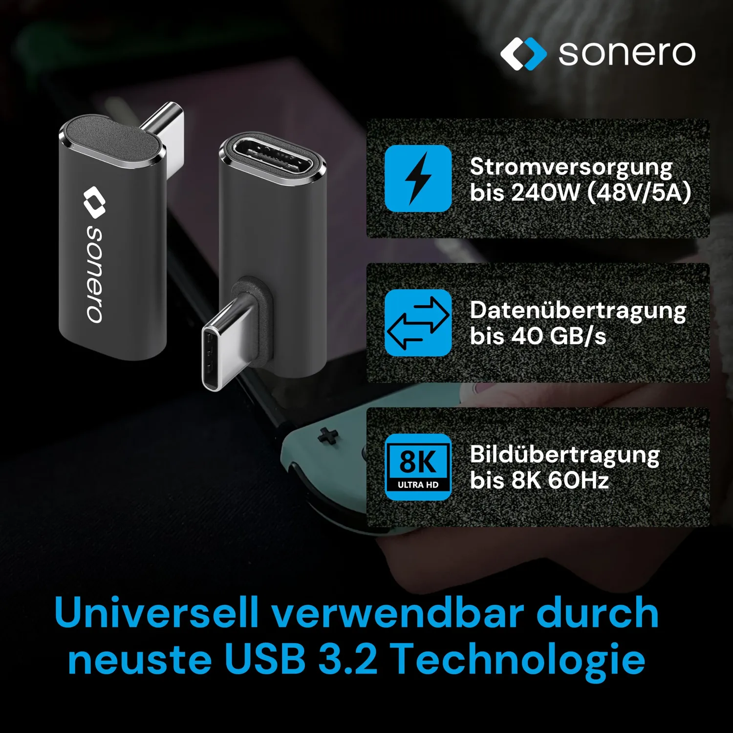 Sonero USB-C Winkeladapter 90° 40Gbps 240W schwarz