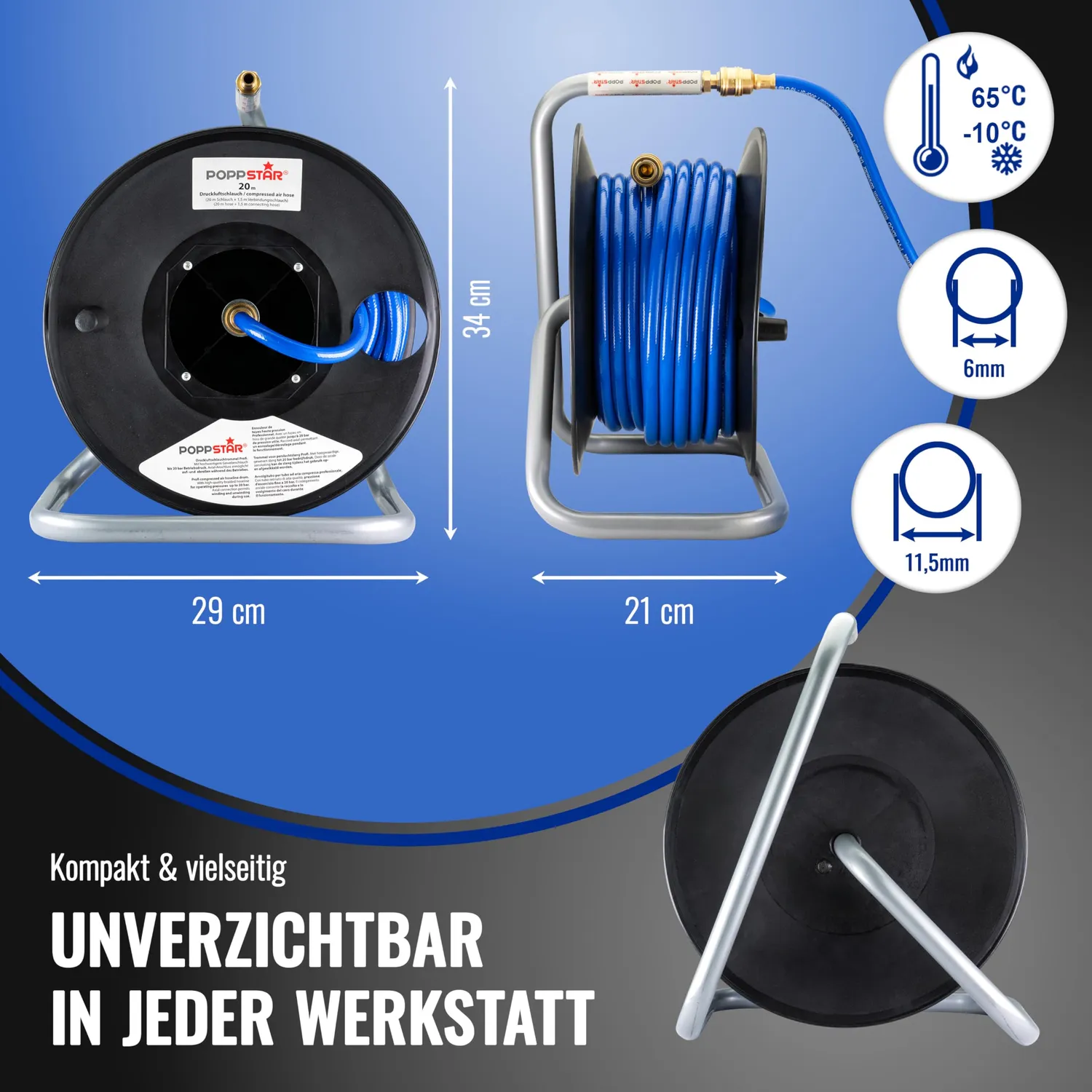Poppstar Druckluftschlauchtrommel 20m+1,5m 1/4 Zoll
