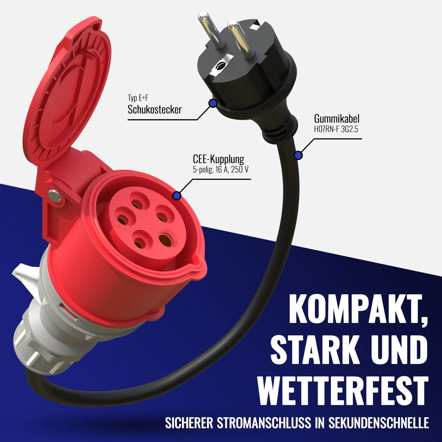 Poppstar CEE-Adapter 45cm Schuko-Stecker auf CEE-Kupplung 16A IP44
