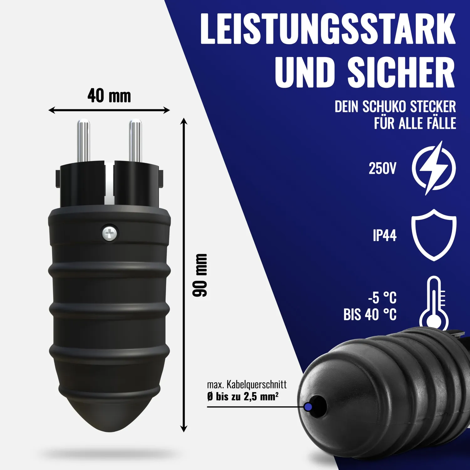 Poppstar Schuko Stecker IP44 mit Knickschutz schwarz