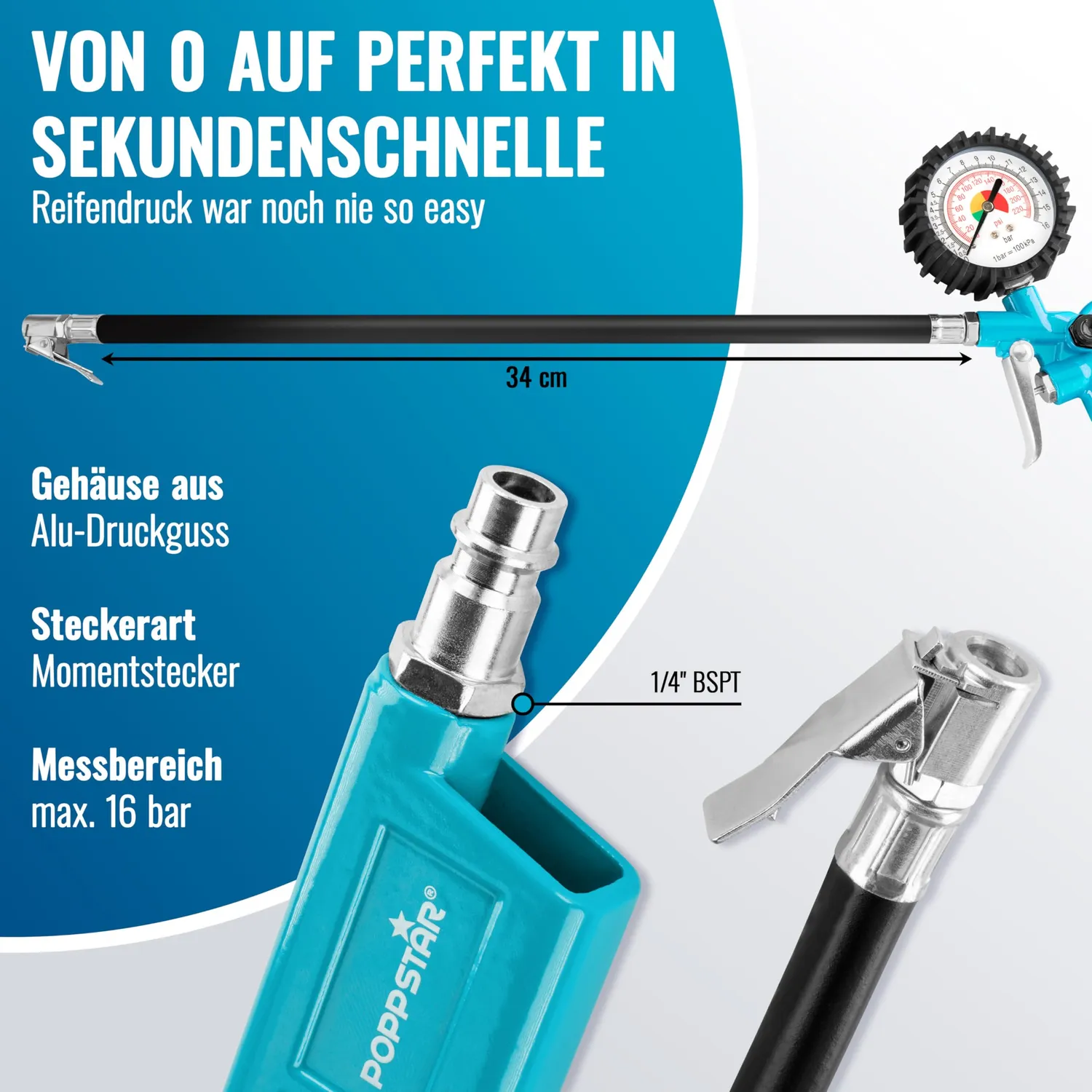Poppstar Druckluftset Reifenfüller Spiralschlauch 5m