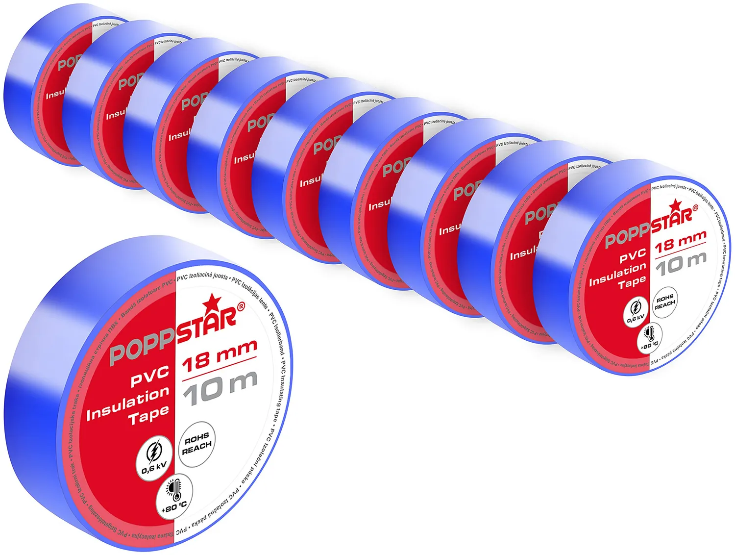 Poppstar Isolierband PVC 10m 18mm 10er mehrfarbig 600V
