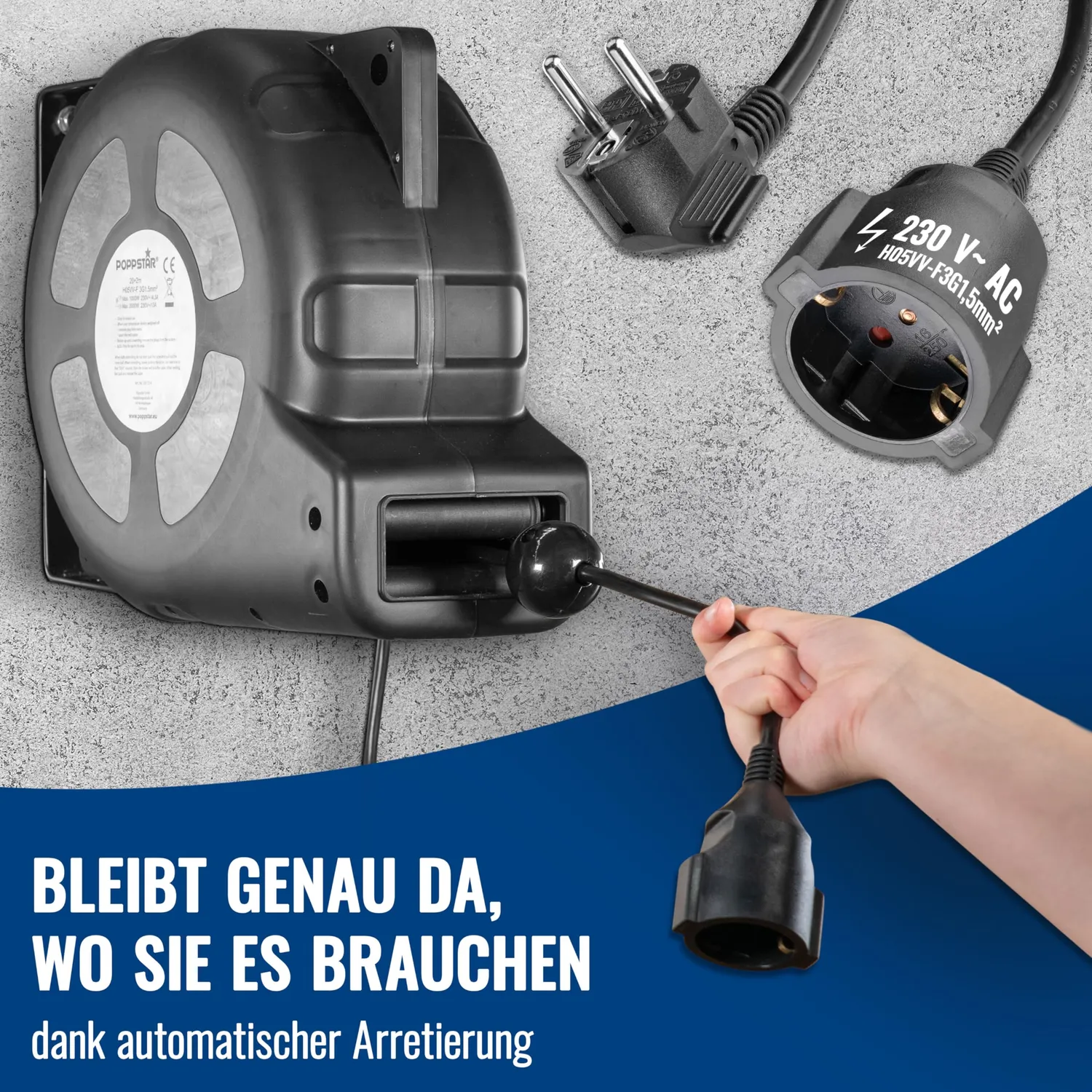 Poppstar Kabelaufroller 20m Kabeltrommel 3000W IP20 22m