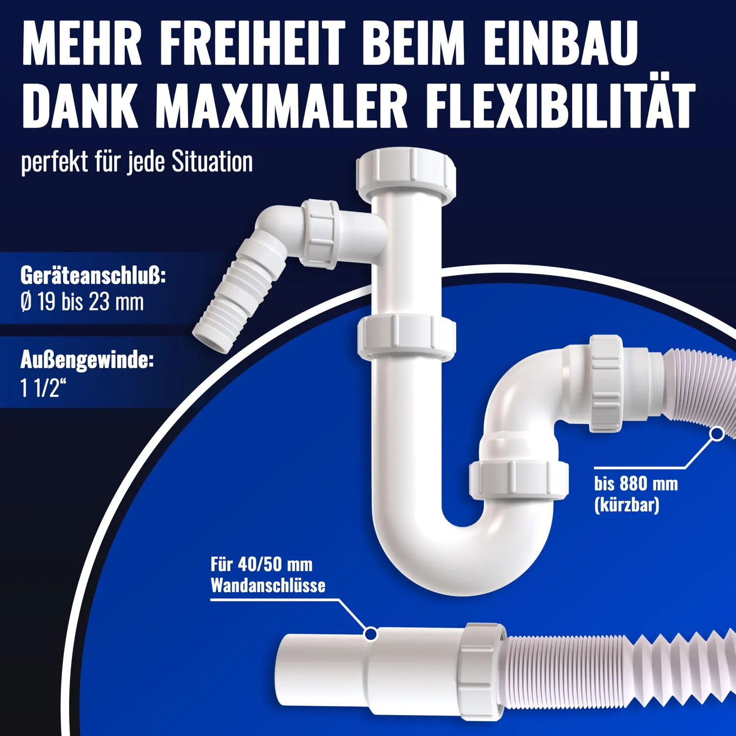 Poppstar Siphon flexibel U-Form 1 Geräteanschluss weiß