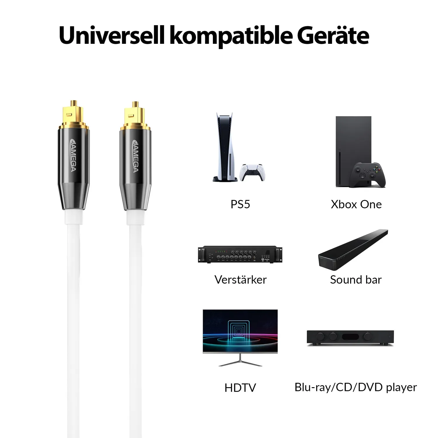 JAMEGA Toslink Optisches Kabel 3m weiß störfrei