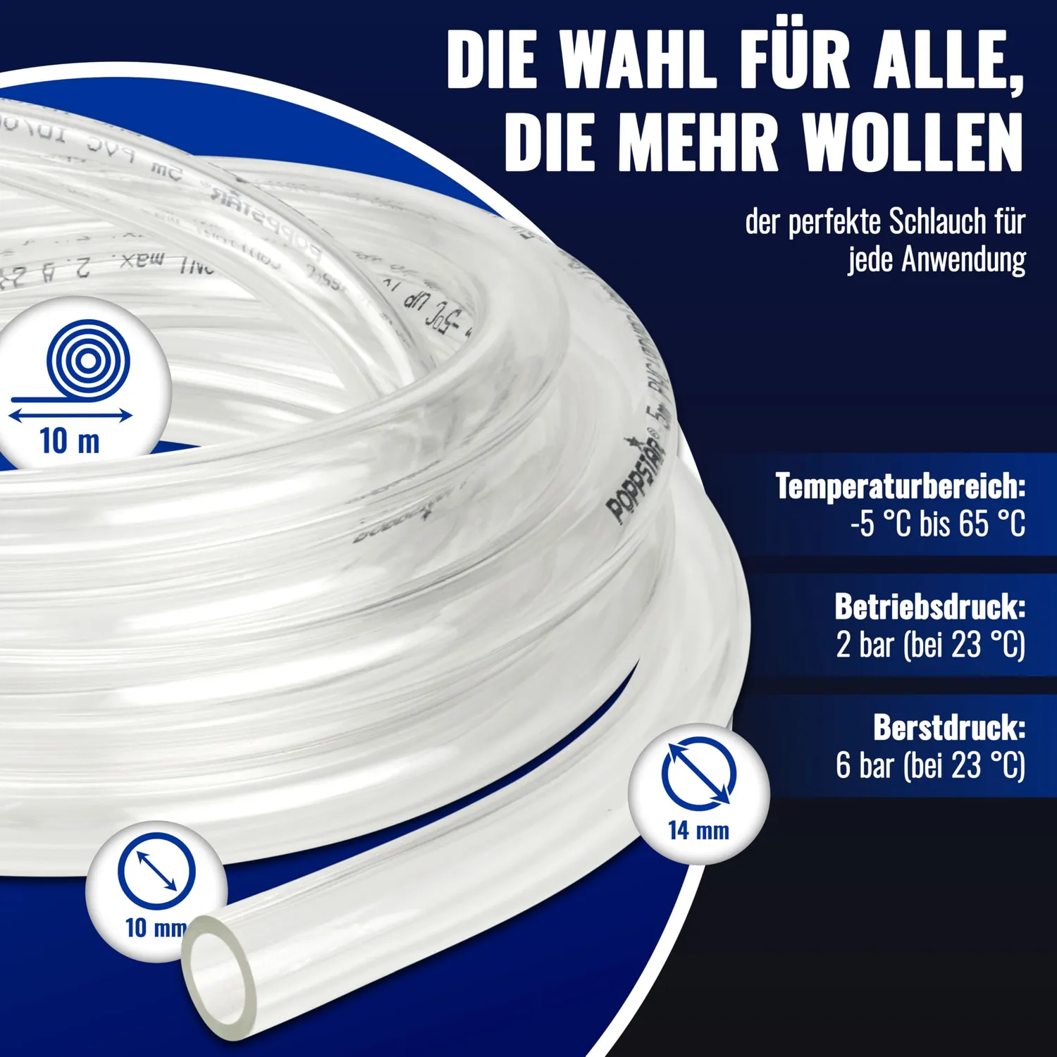 Poppstar PVC Schlauch 10m 10/14mm transparent lebensmittelecht
