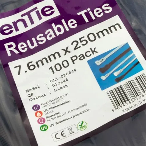 enTie Kabelbinder 250mm 7,6mm Schwarz 100 Stück