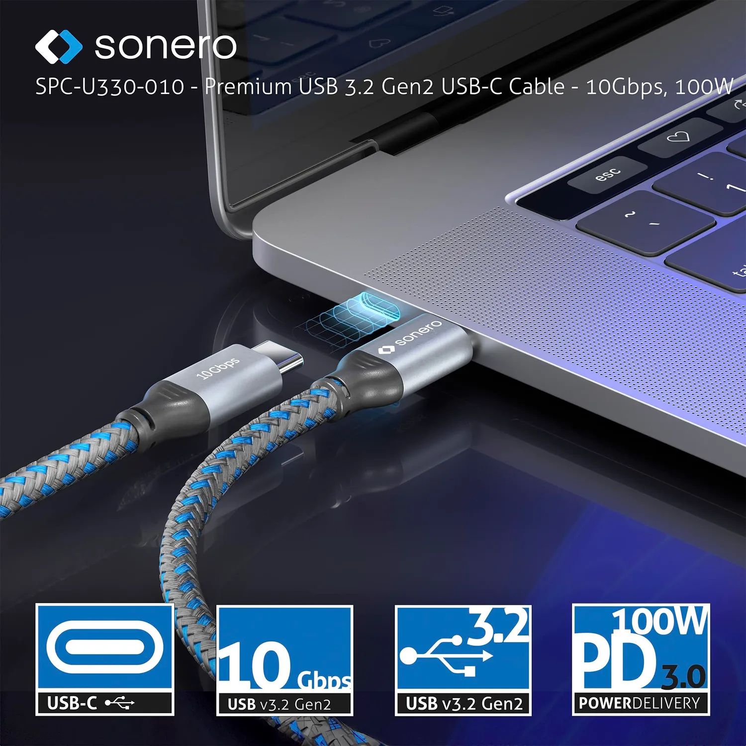 Sonero SPC-U330-010 USB-C Kabel 1m 100W grau/blau