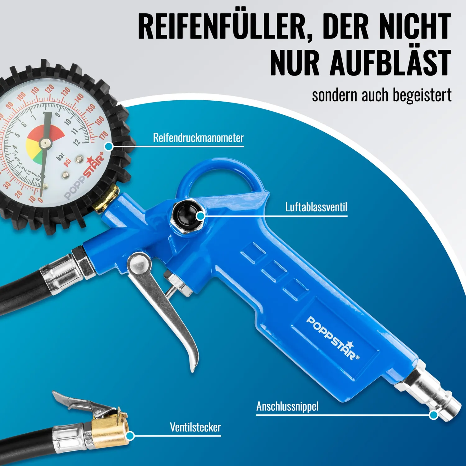Poppstar Reifenfüller Manometer 0-12 bar 40 cm