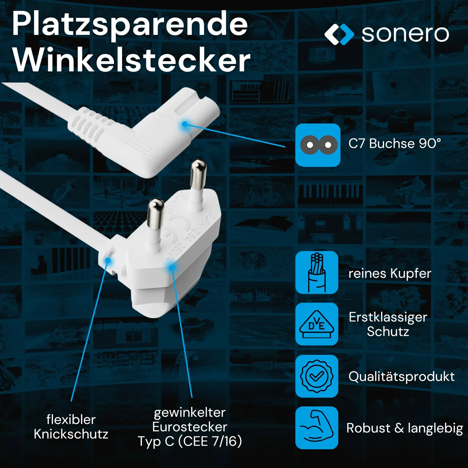 Sonero Stromkabel Netzkabel 2-polig 1 m weiß Winkel