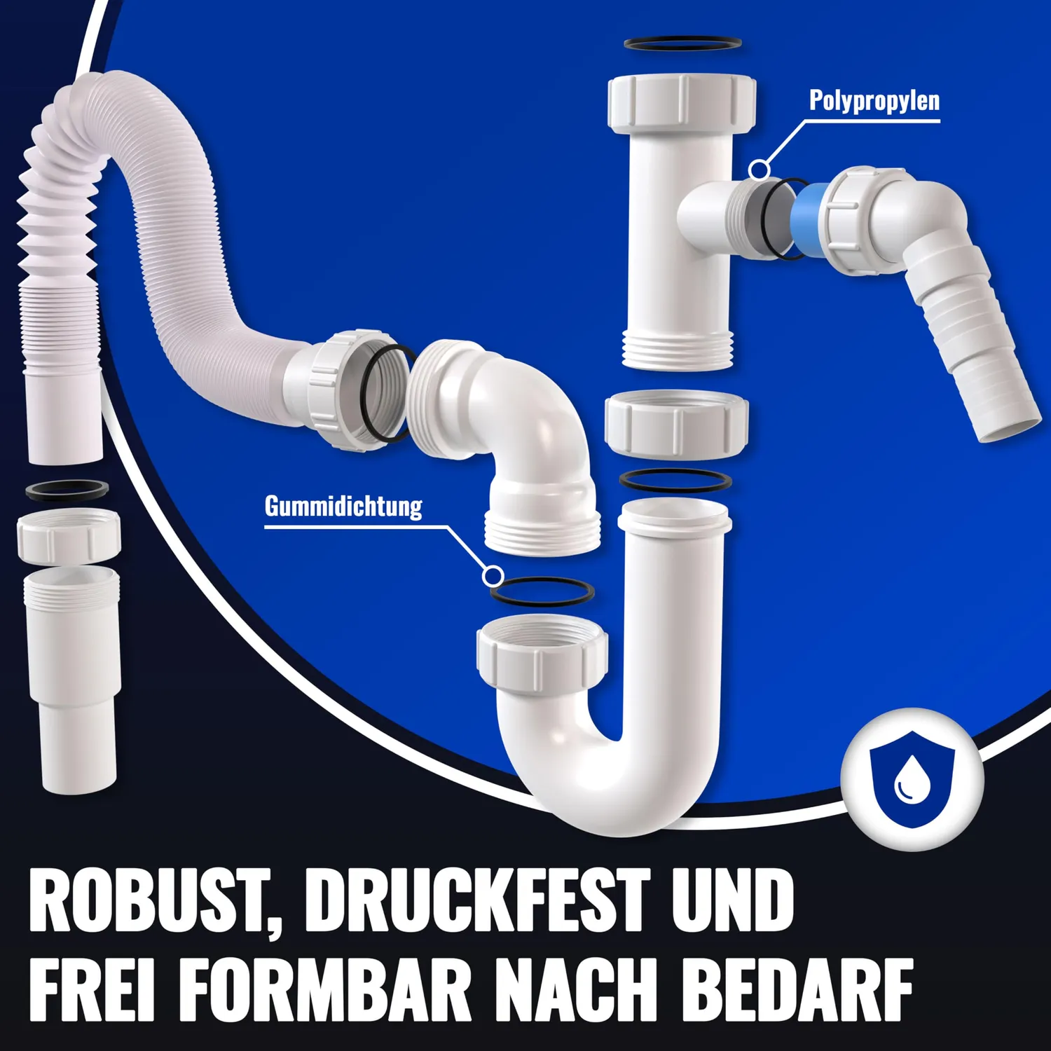 Poppstar Siphon flexibel U-Form 1 Geräteanschluss weiß