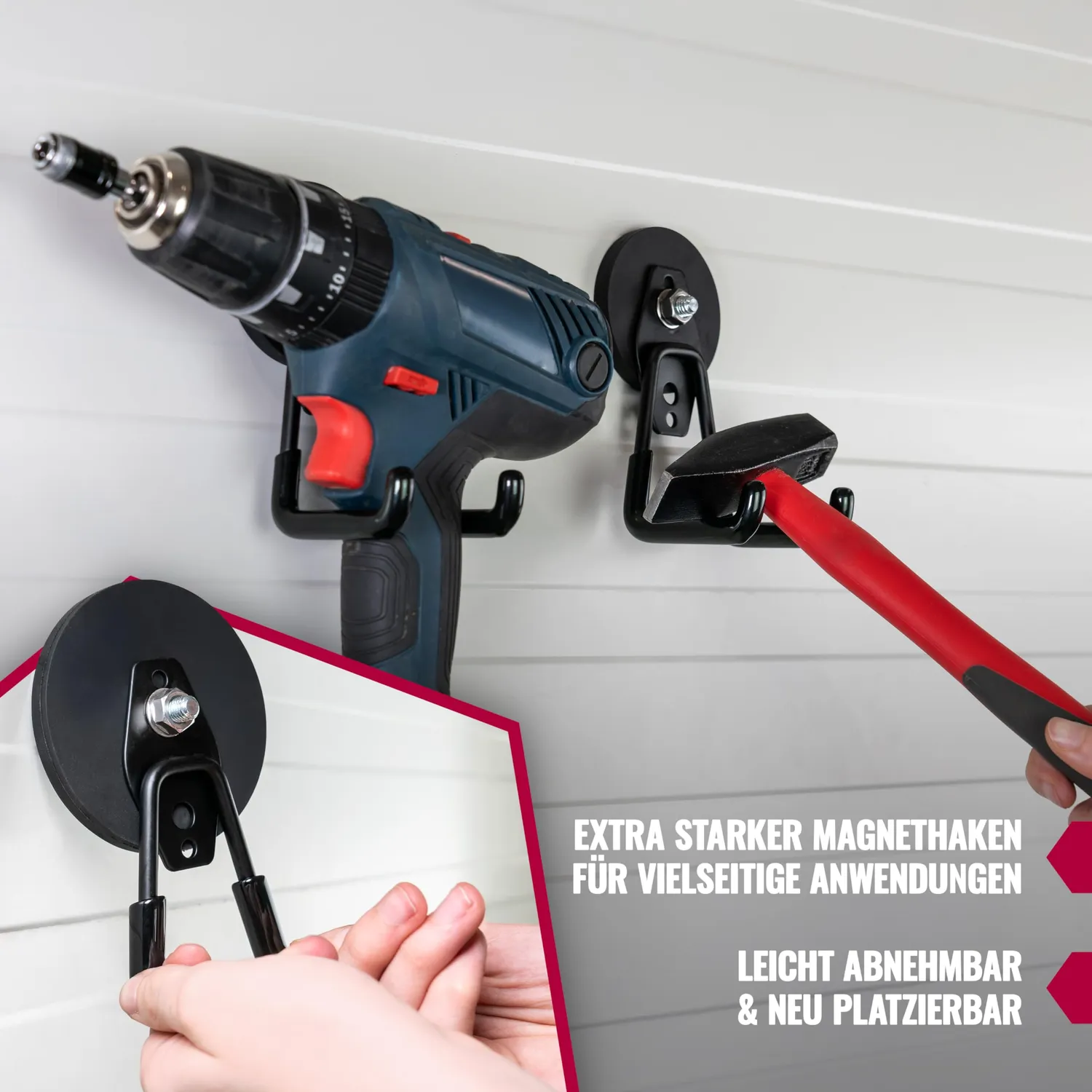 Poppstar Garagenhaken magnetisch Set 2 schwarz 20kg