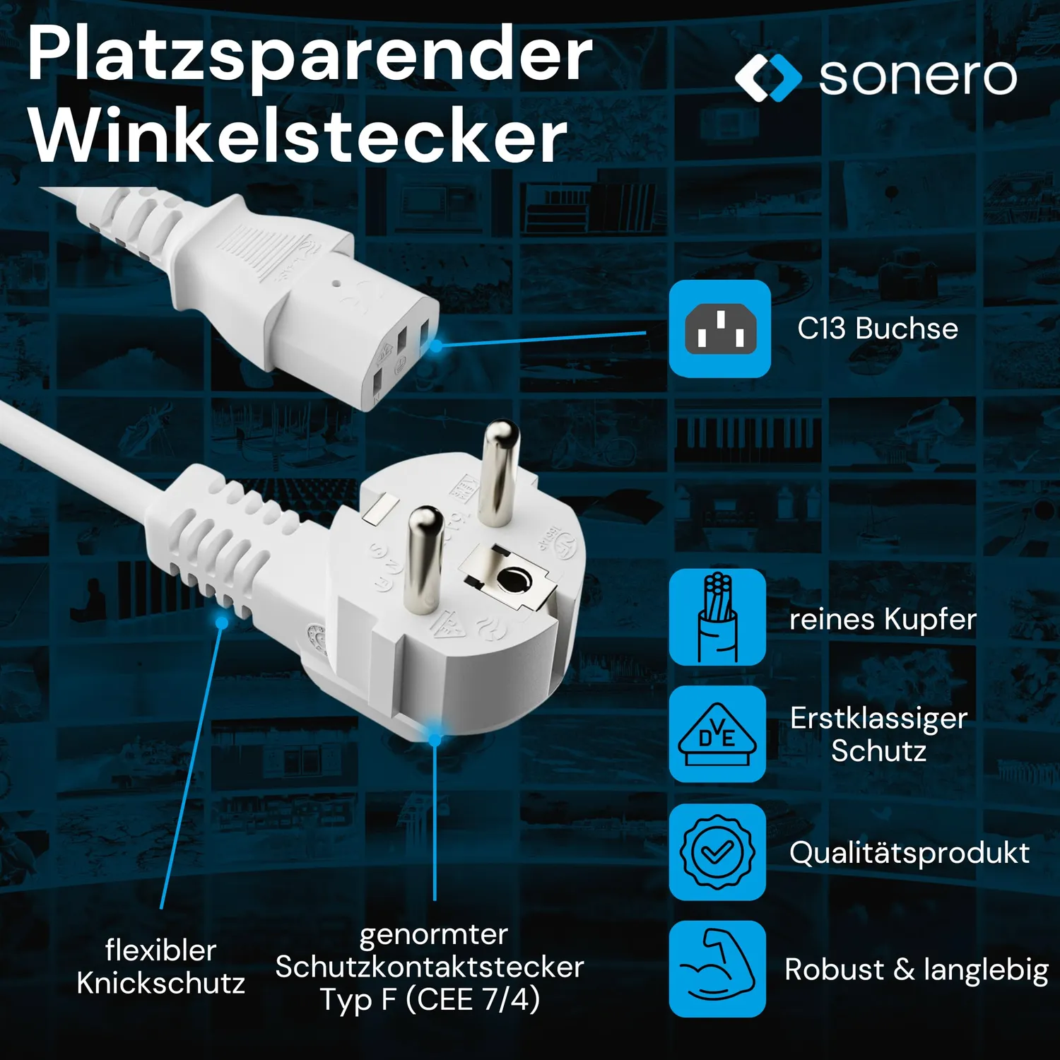 Sonero Kaltgerätekabel 2m weiß Winkel C13 90°