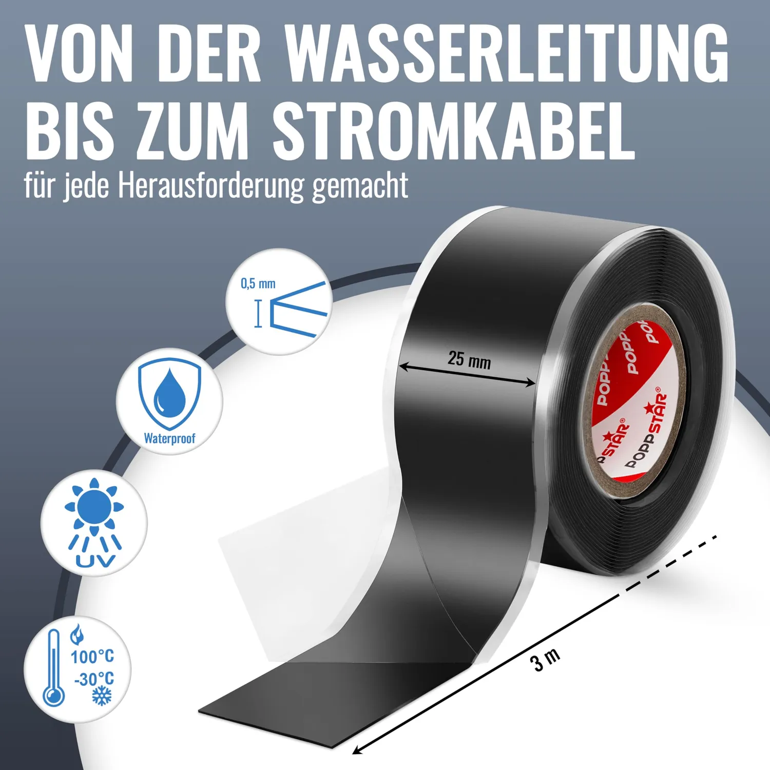 Poppstar Silikonband selbstverschweißend 3m schwarz