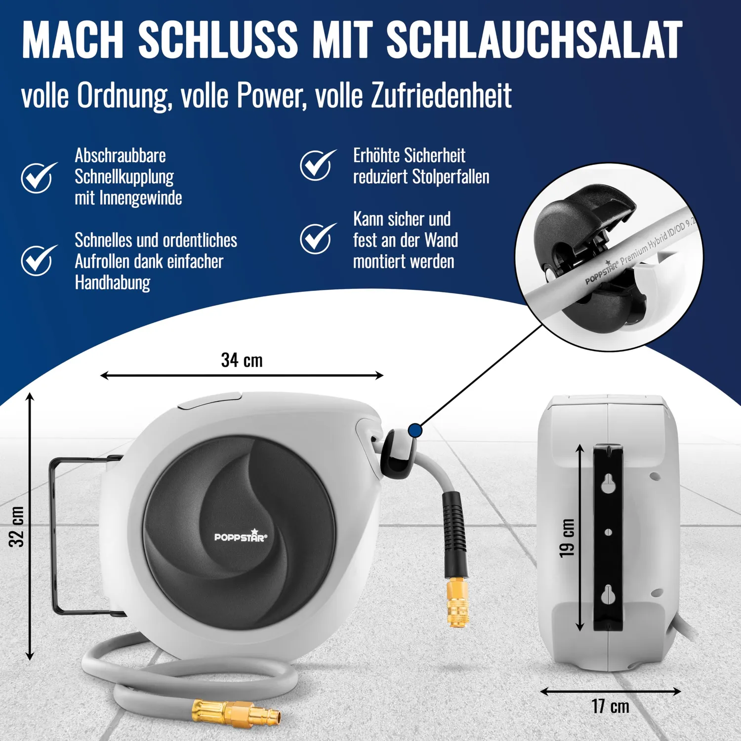 Poppstar Druckluftschlauchtrommel 15m Hybrid-PVC-Schlauch 17 bar