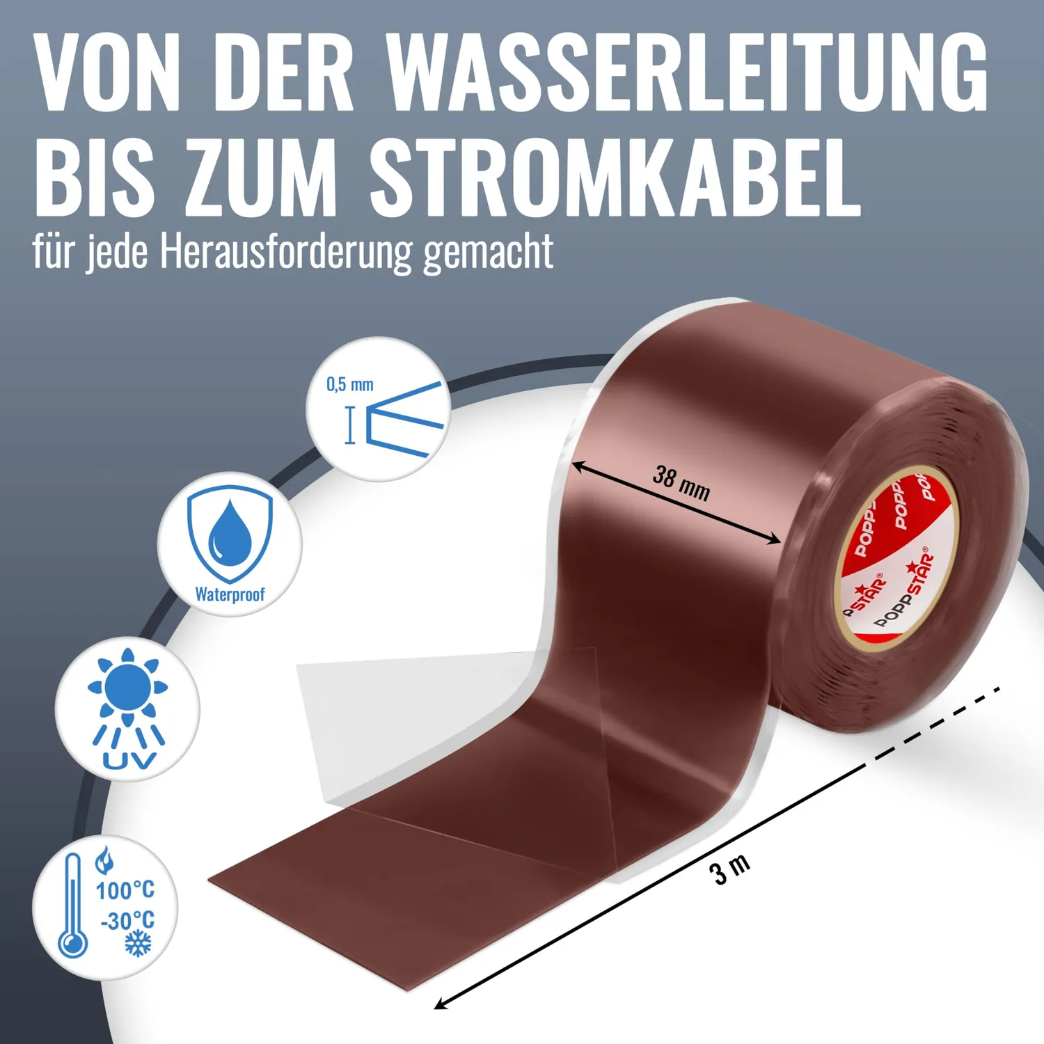 Poppstar Silikonband selbstverschweißend 3m 38mm rotbraun