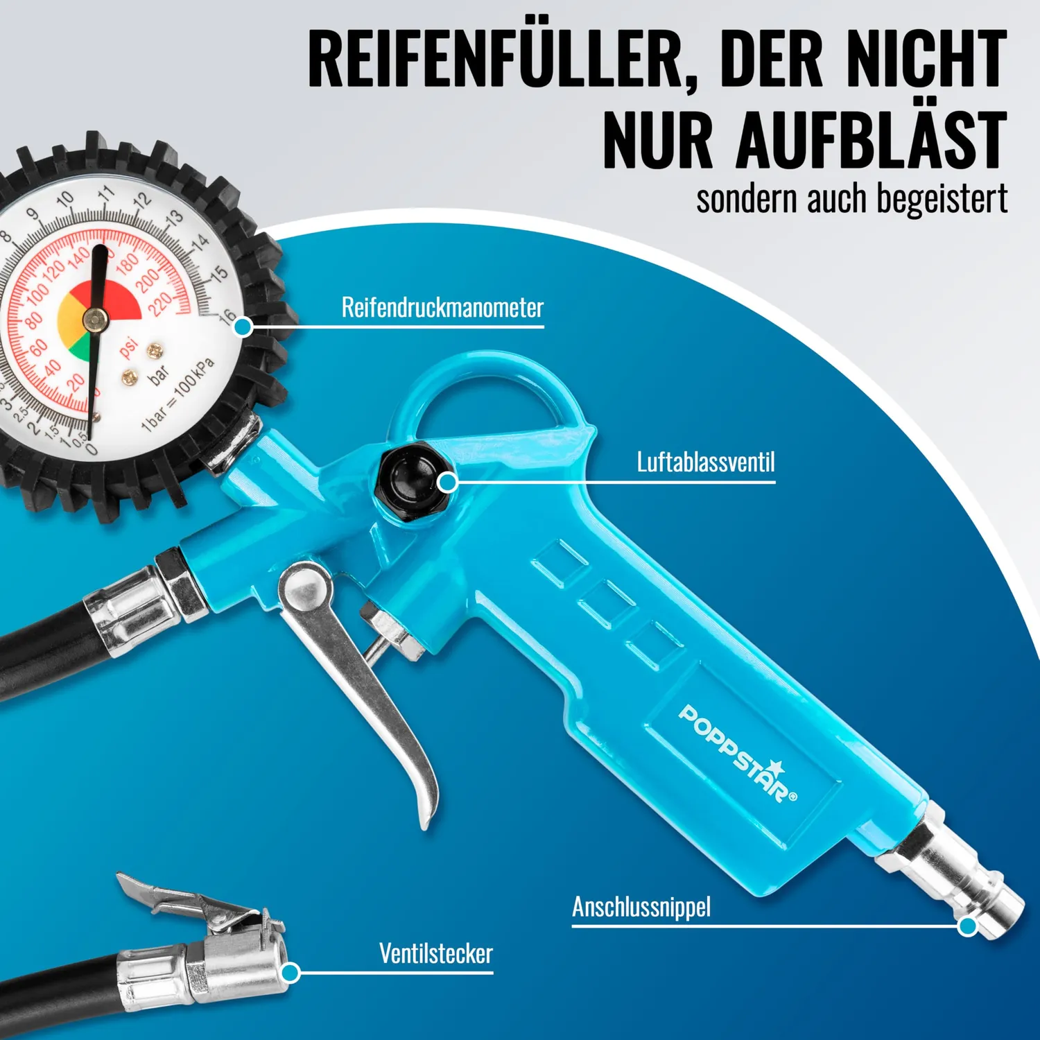 Poppstar Druckluftset Reifenfüller Spiralschlauch 5m