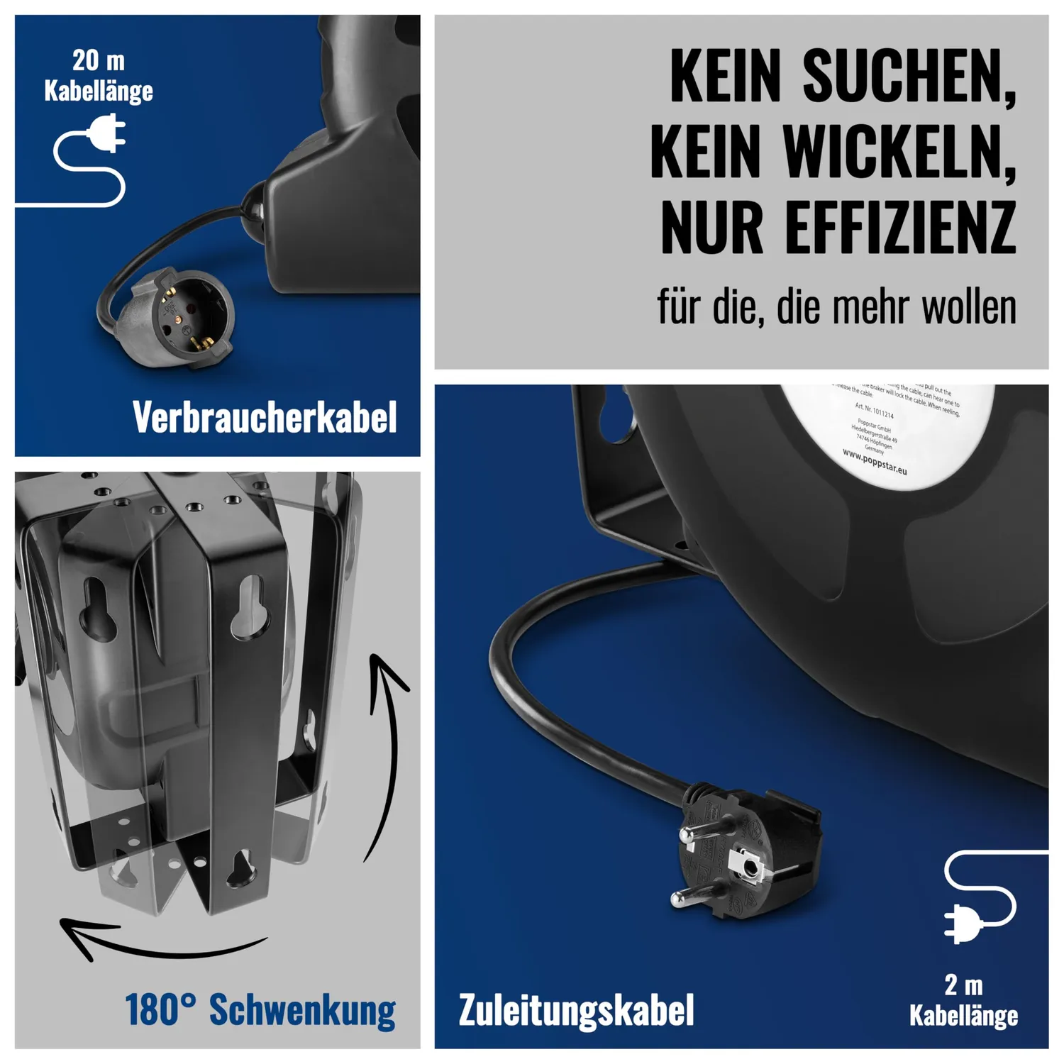 Poppstar Kabelaufroller 20m Kabeltrommel 3000W IP20 22m