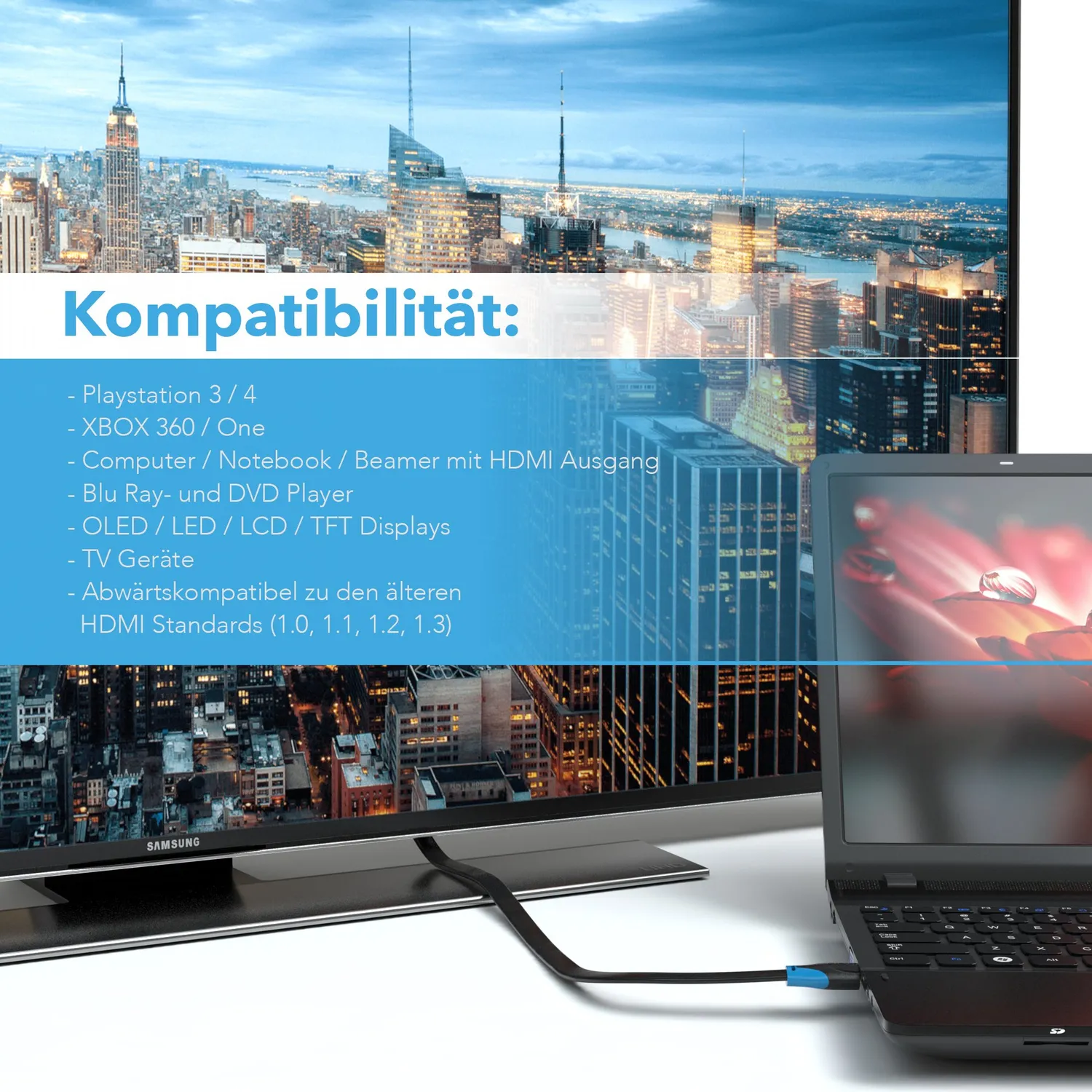 Jamega Flach HDMI Kabel 3m schwarz 4K Ultra HD