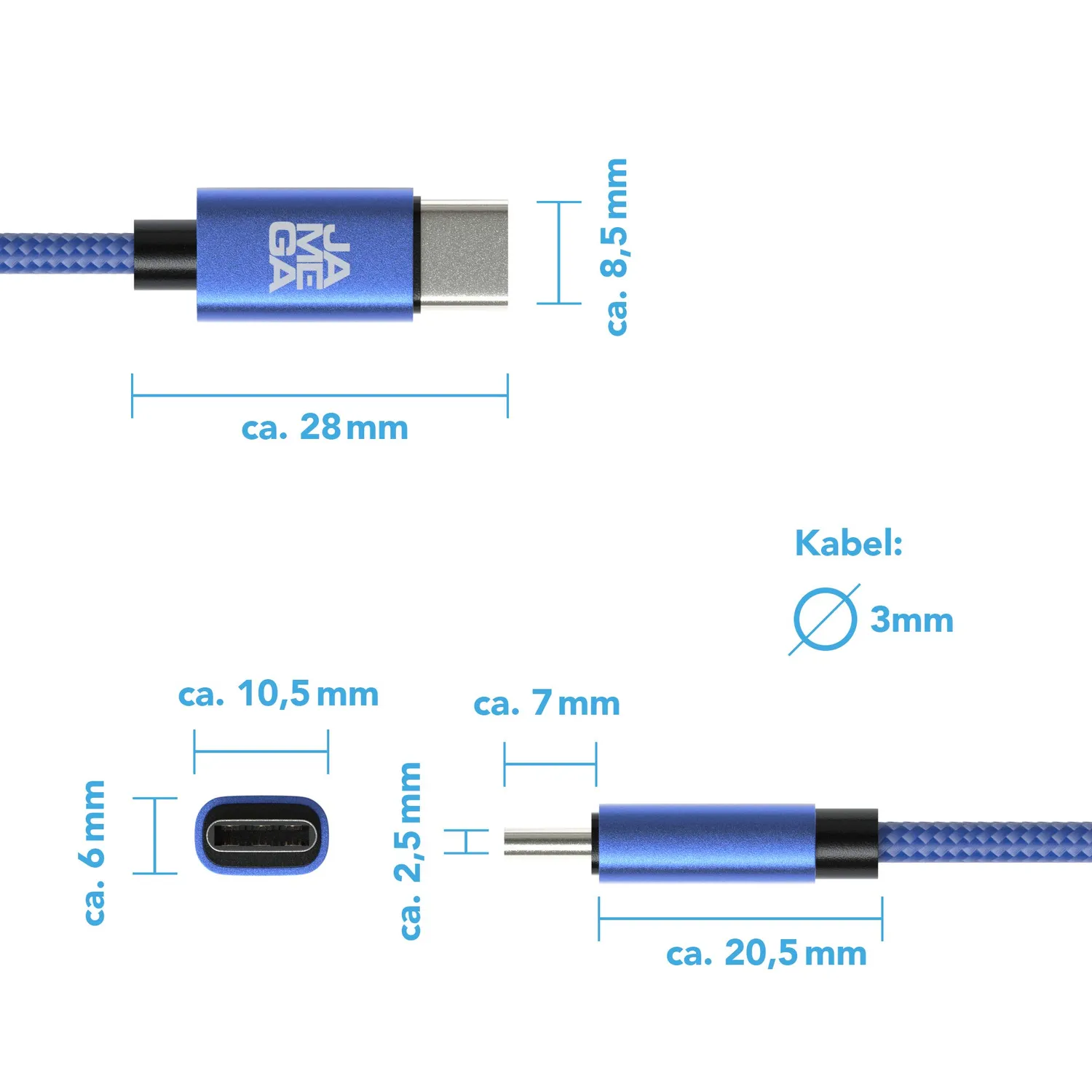 JAMEGA USB-C Ladekabel blau 2x 2 m Nylon 3A