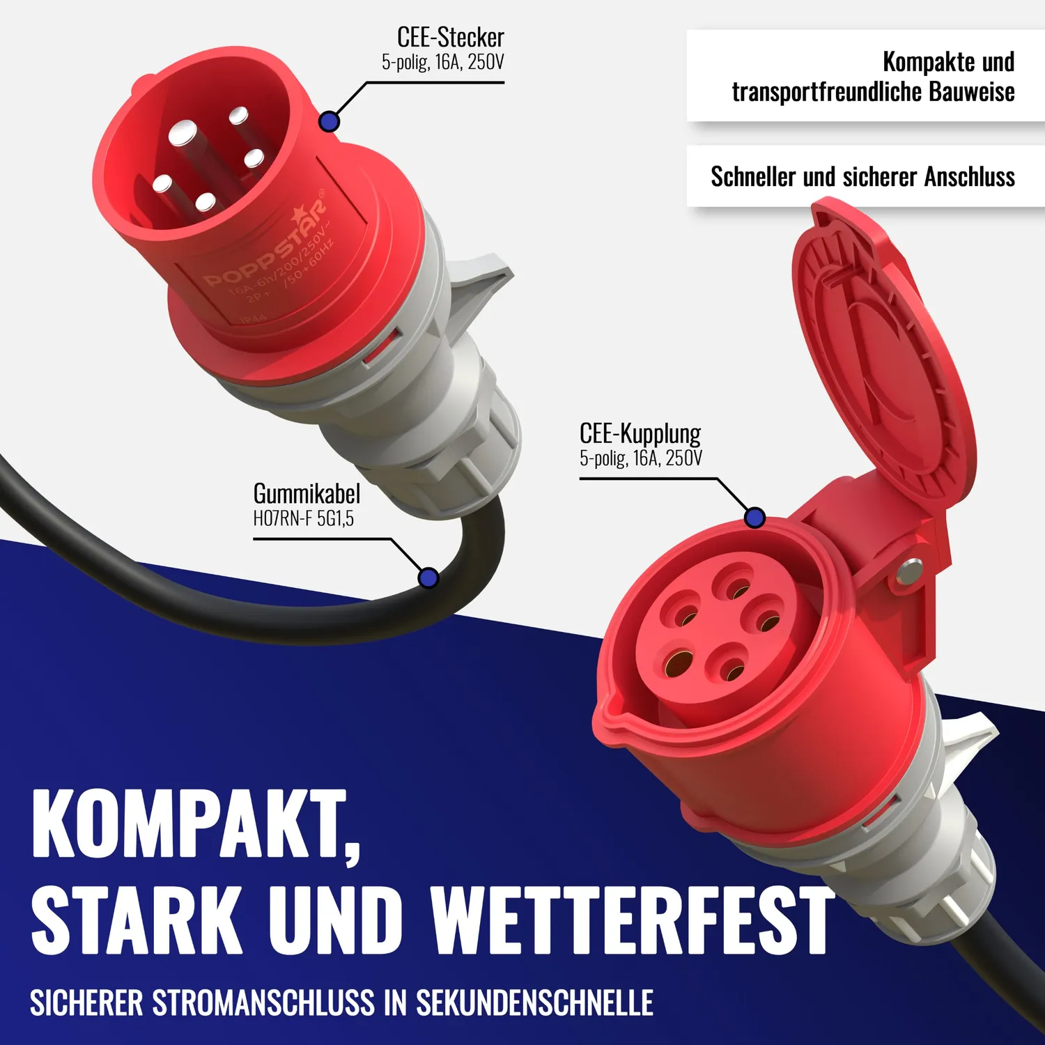 Poppstar Starkstrom Verlängerungskabel 25 m CEE 16A IP44