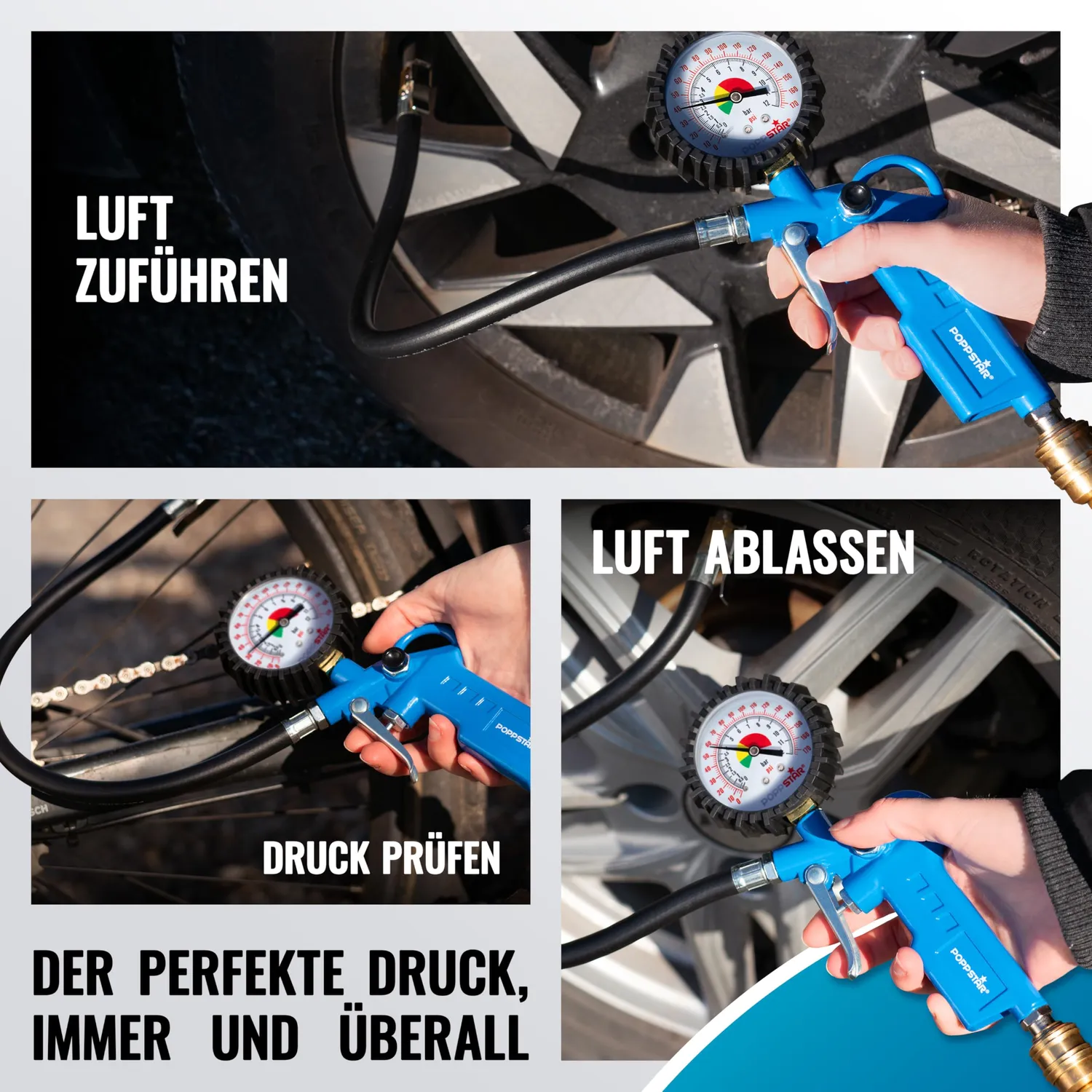 Poppstar Reifenfüller Manometer 0-12 bar 40 cm