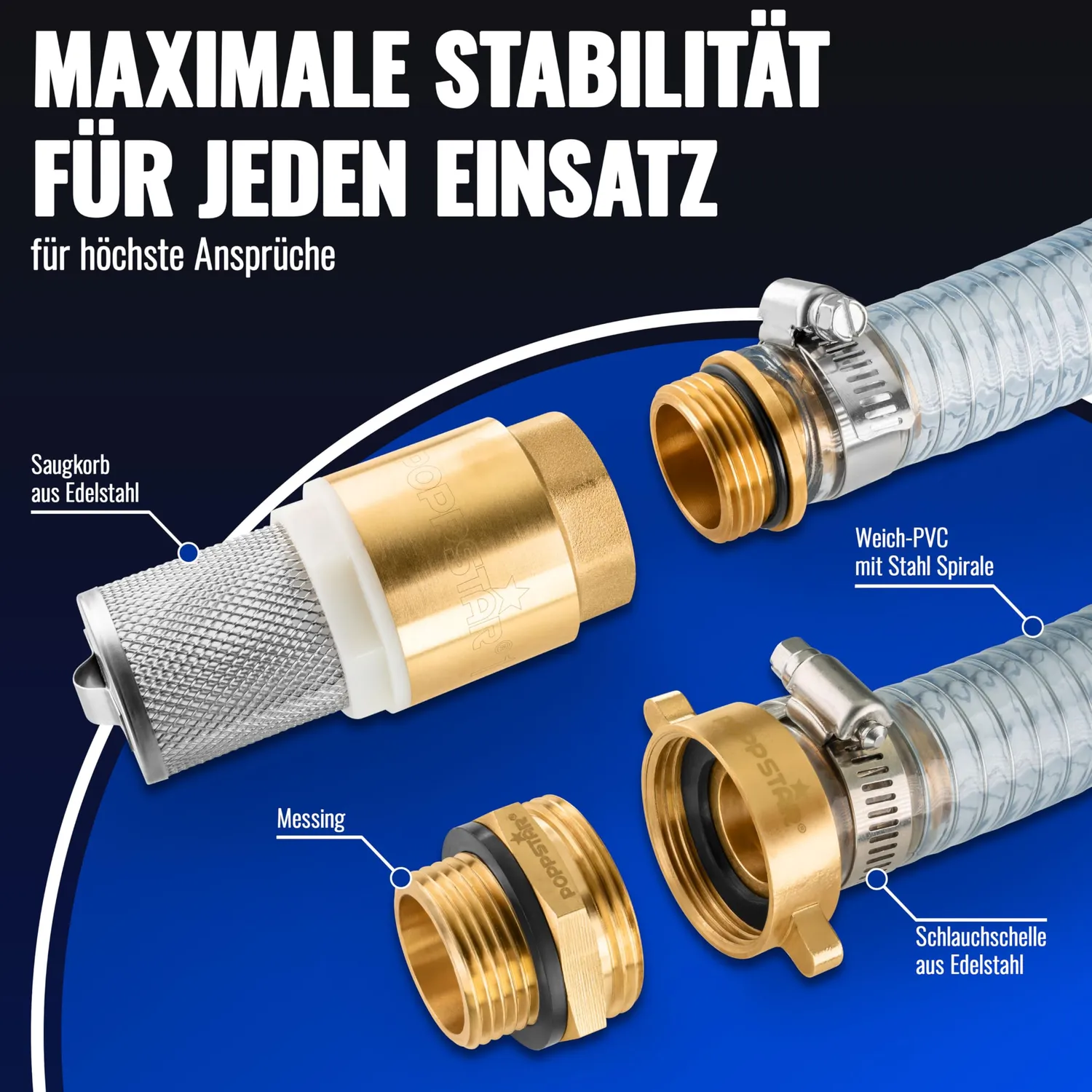 Poppstar Saugschlauch 1 Zoll 7m mit Saugkorb Ventil blau